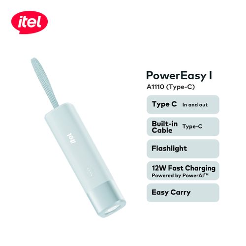 itel PowerEasy1 5000 A1111 Power-Bank 12W Fast Charging Built-in Cable Torch