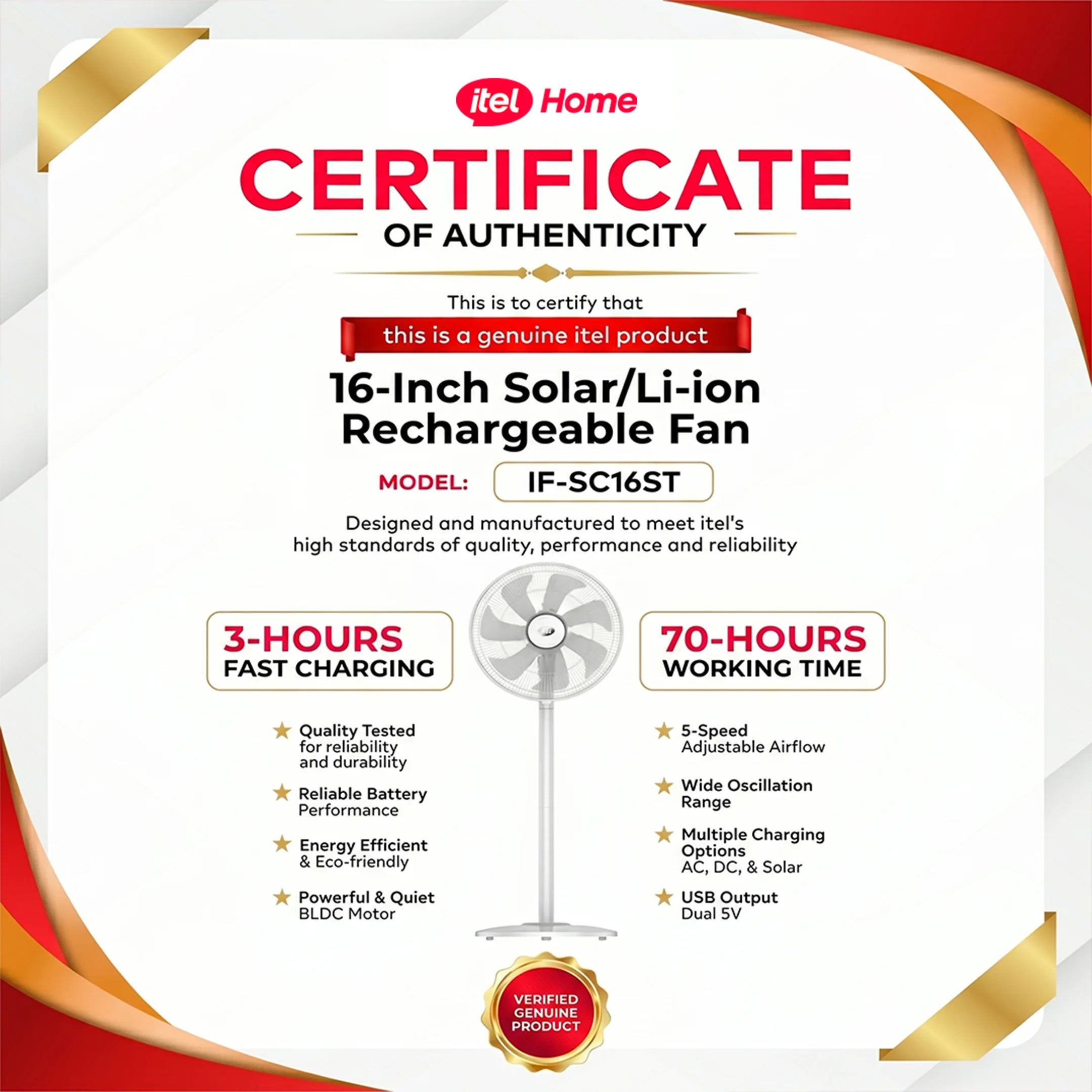 itel 16 Inch Solar Rechargeable Standing Fan-IF-SC16ST