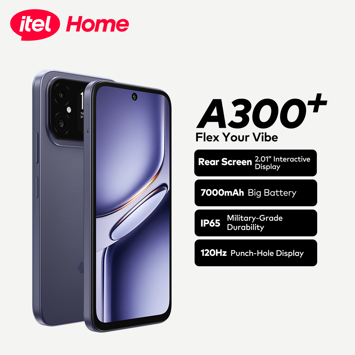 itel A300+ Smartphone with 7000mAh Battery, 2.01″ Rear Display & 120Hz Screen