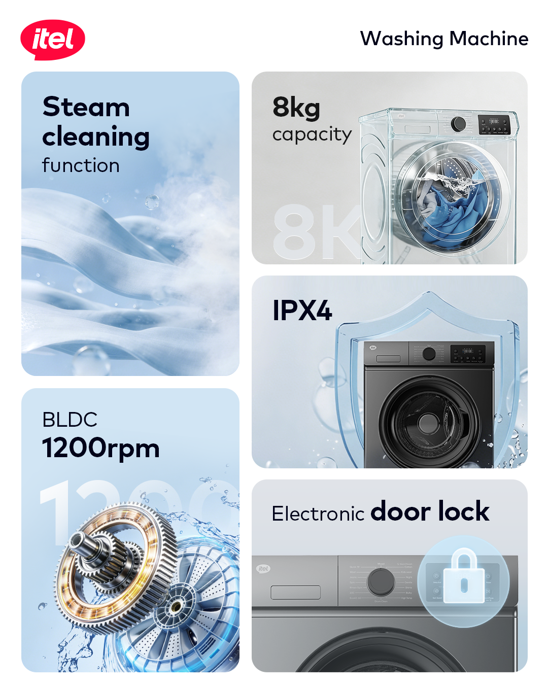 itel 8KG Front Load Washing Machine – Steam Wash, BLDC 1200RPM, Energy Class A
