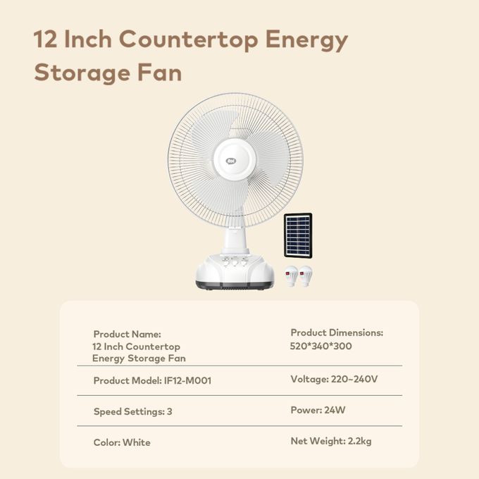 itel Rechargable & Solar Desk Fan 12" 5.5 Hours of Long-lasting Battery Life MOO1