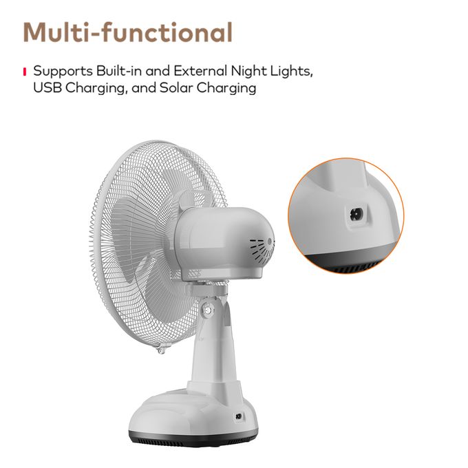 itel Rechargable & Solar Desk Fan 12" 5.5 Hours of Long-lasting Battery Life MOO1