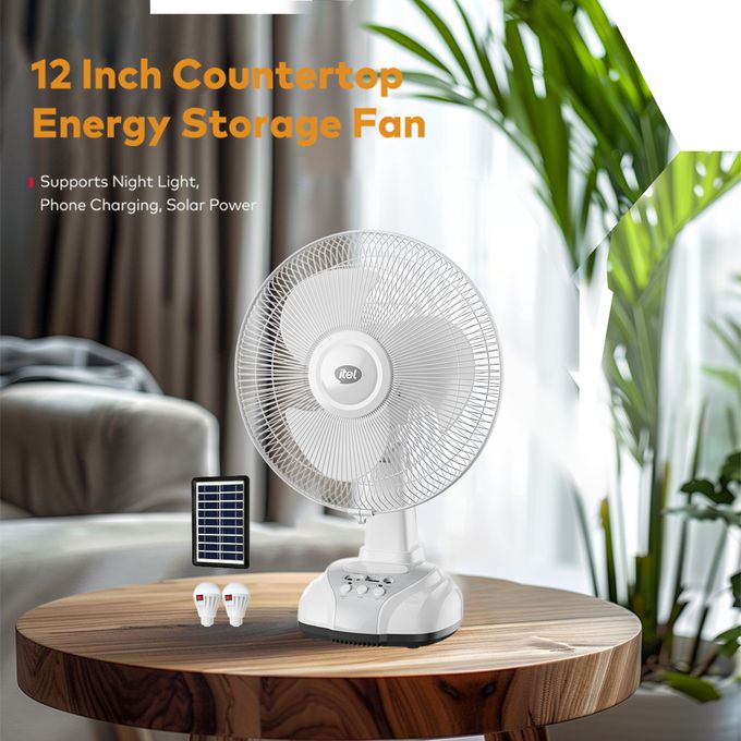 itel Rechargable & Solar Desk Fan 12" 5.5 Hours of Long-lasting Battery Life MOO1