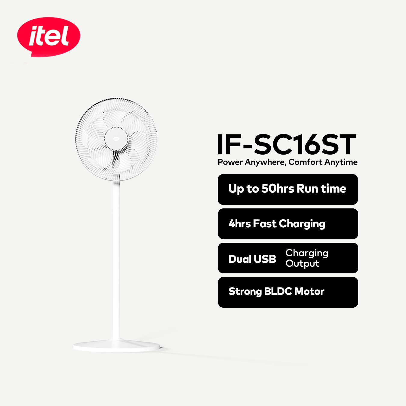 itel 16 Inch Solar Rechargeable Standing Fan-IF-SC16ST
