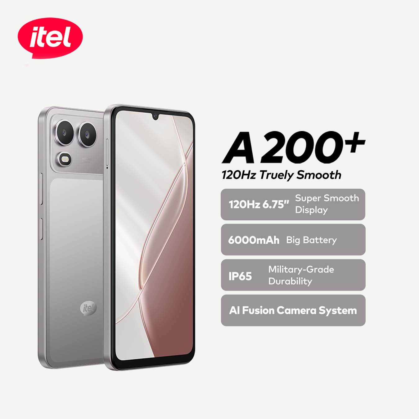 itel A200+ Smartphone – 120Hz 6.75" Display, 6000mAh Battery, IP65 Military-Grade Durable Phone