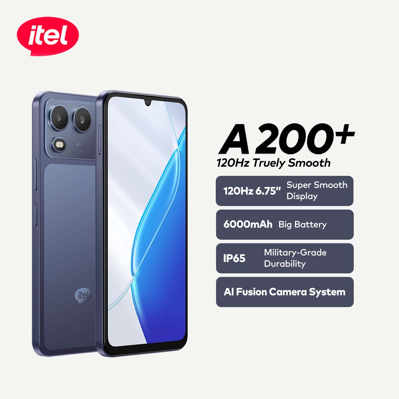 itel A200+ Smartphone – 120Hz 6.75" Display, 6000mAh Battery, IP65 Military-Grade Durable Phone