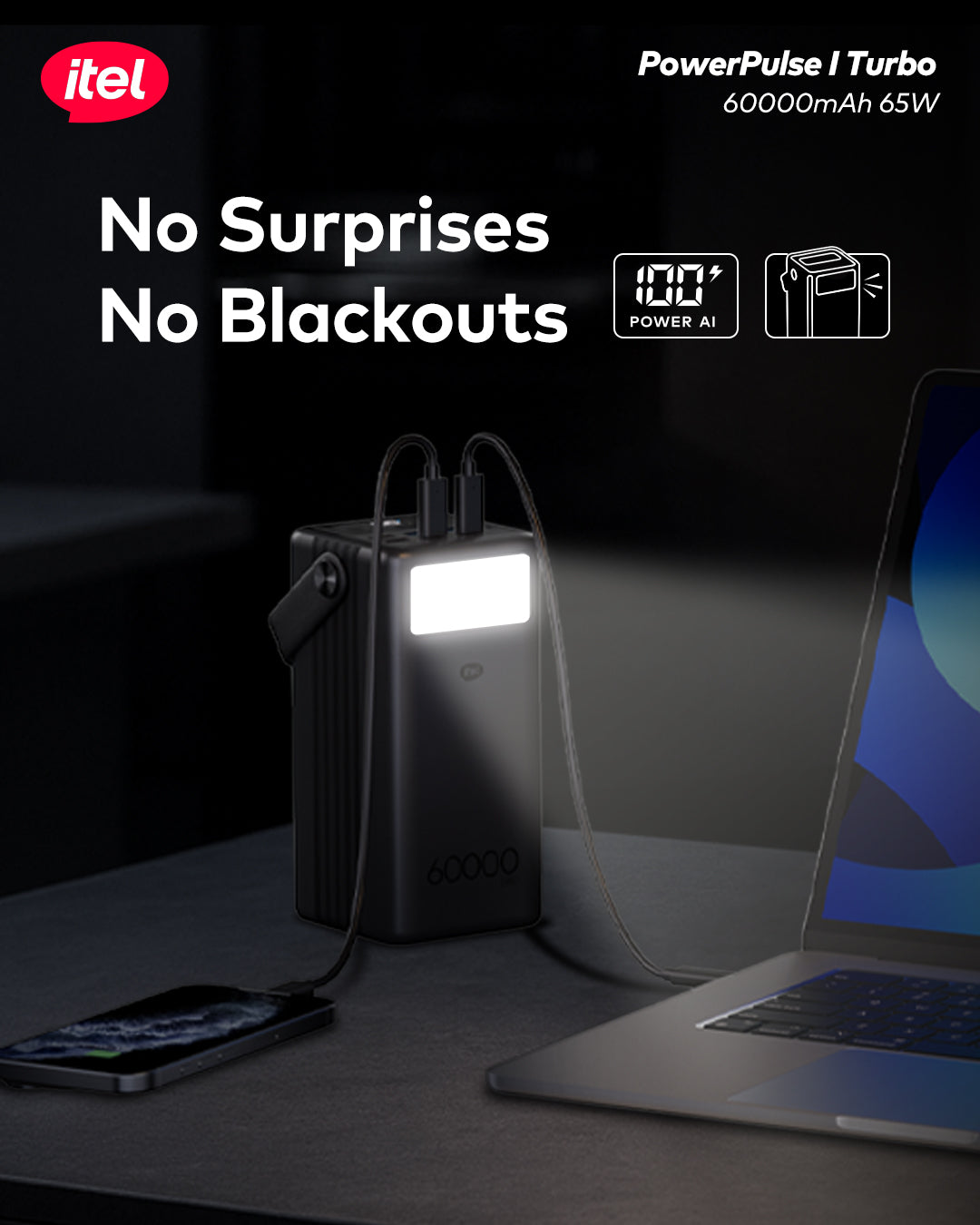 PowerPulse I Turbo A1990 PowerBank 60000mAh 65W Fast Charging Universal Compatibility Type-C In & Out