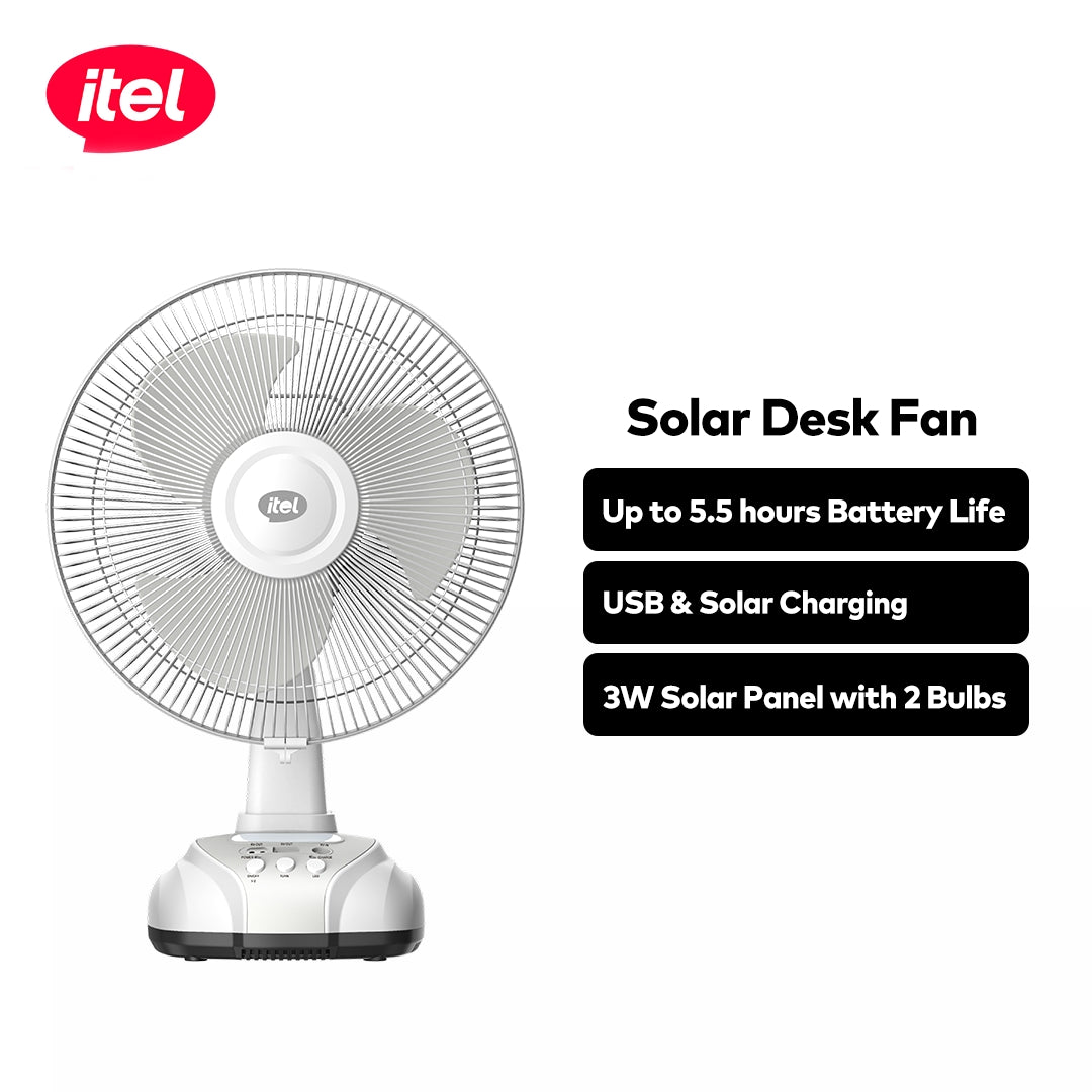 itel Rechargable & Solar Desk Fan 12" 5.5 Hours of Long-lasting Battery Life MOO1