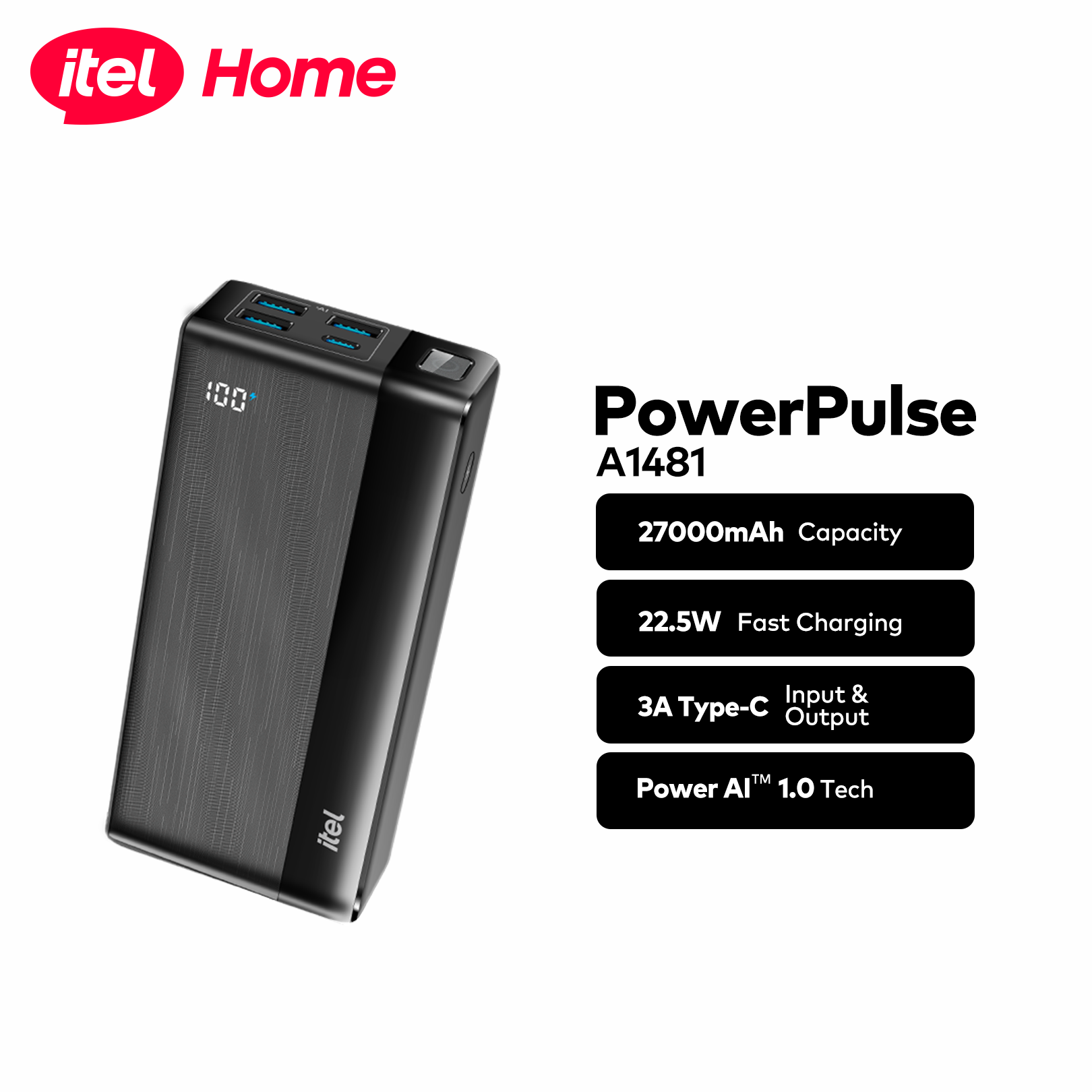 itel Power Bank Pulse A1481 – 27000mAh, 22.5W Fast Charging, Type-C
