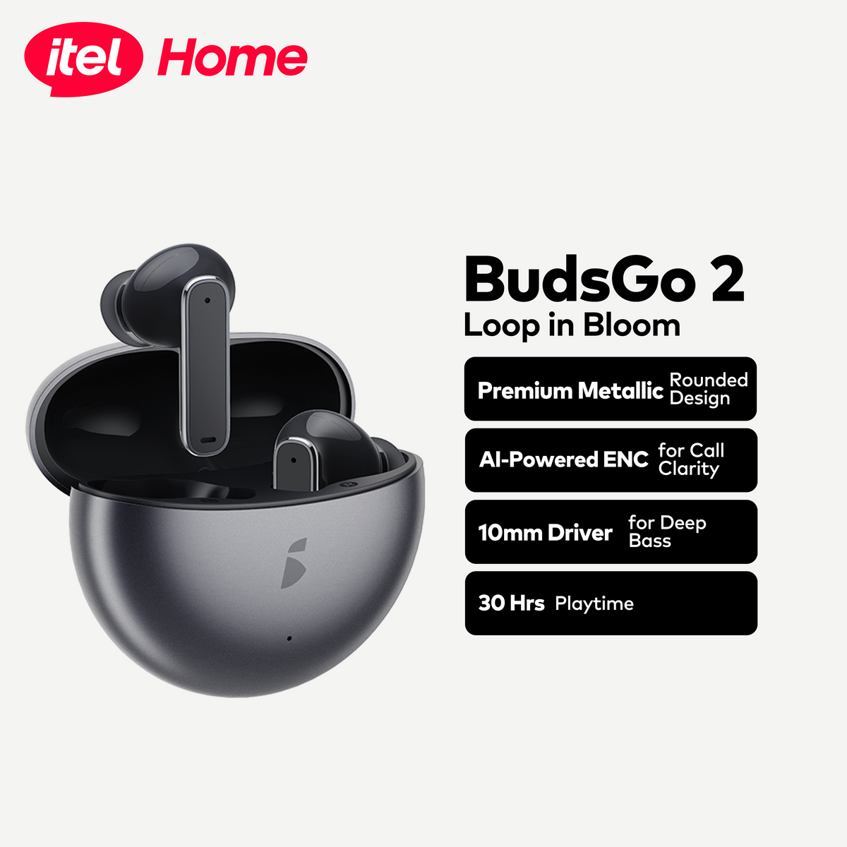 itel BudsGo 2 Wireless Earbuds - AI ENC, 30H Playtime & Deep Bass