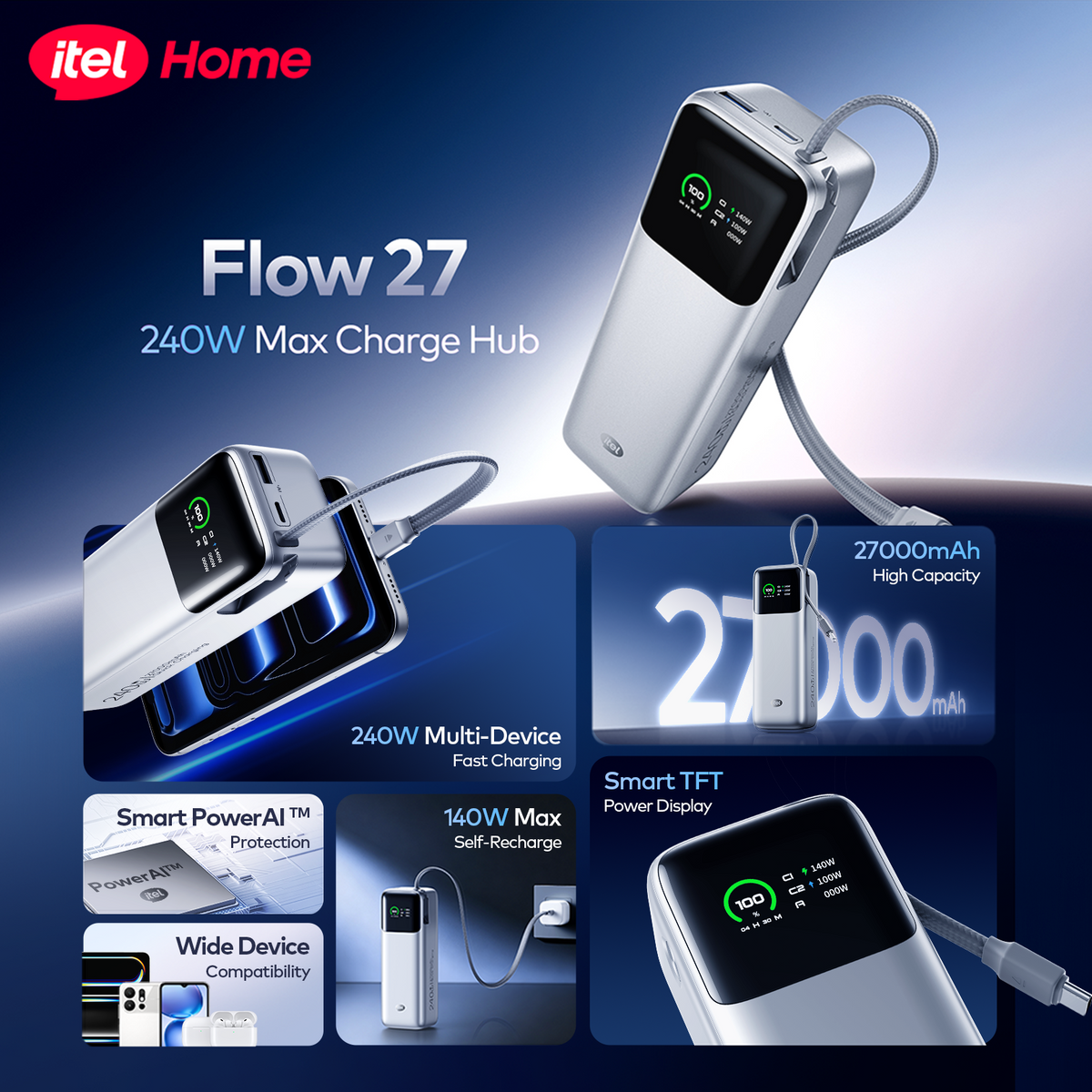 itel FLOW 27 27000mAh 240W Fast Charging Power Bank for Laptops & Phones