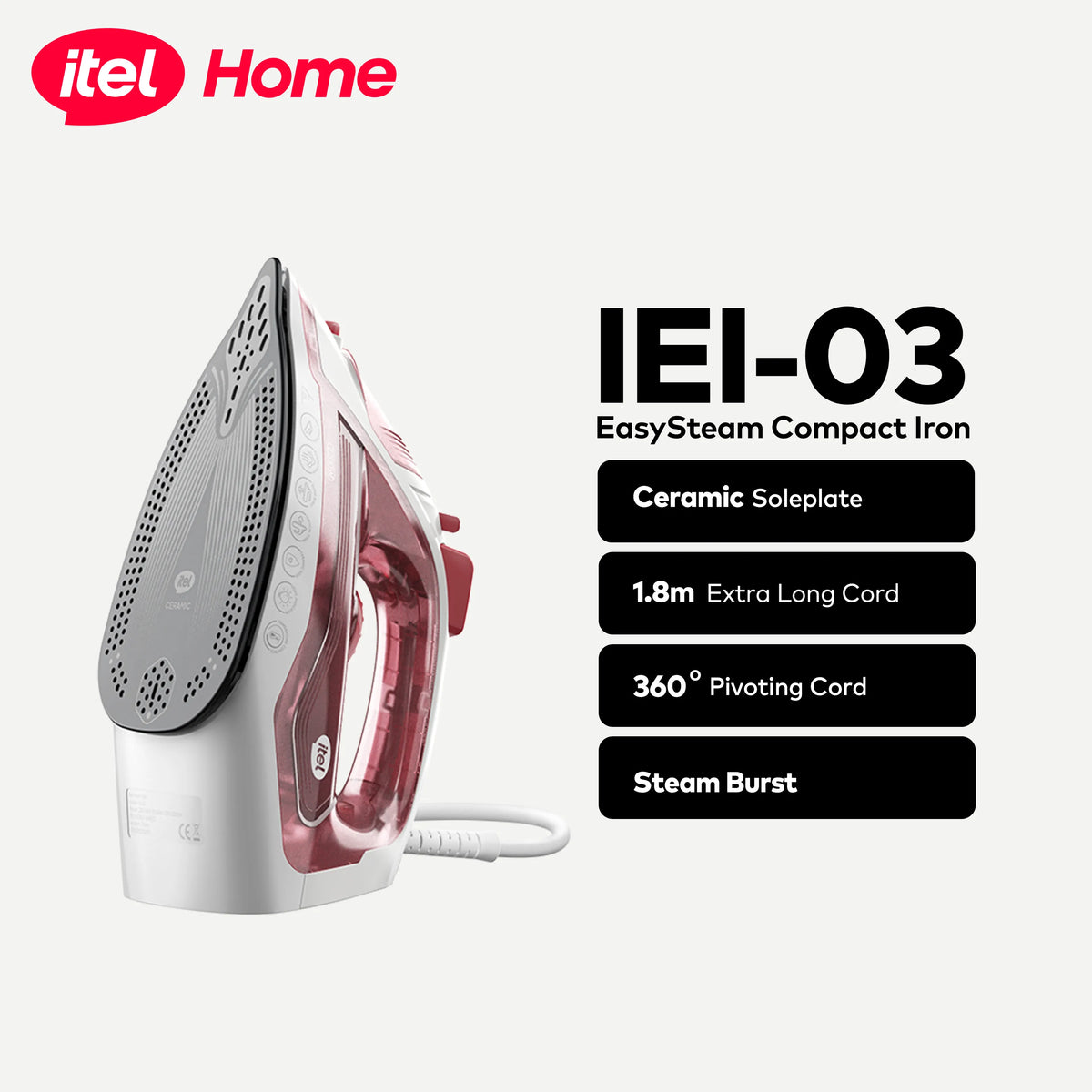 itel EasySteam IEI-03 Steam Iron with Ceramic Soleplate, 1.8m Cord & Steam Burst
