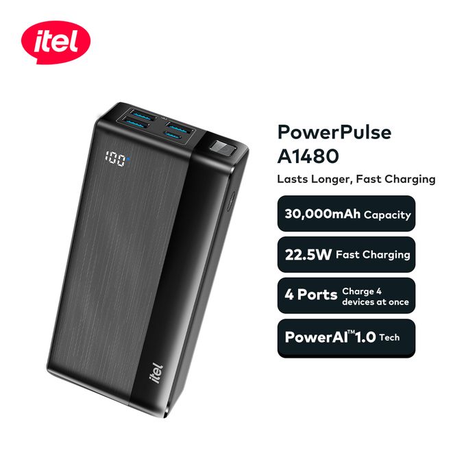 itel PowerPulse A1480 30000mAh Power Bank – 22.5W Fast Charging, 4 Ports High-Capacity Power Bank in Nigeria