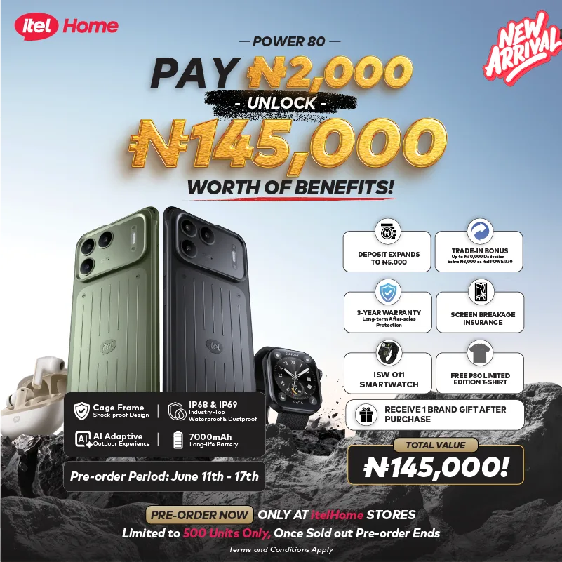 itel Power 80 Smartphone – 7000mAh Long-Life Battery, IP68 & IP69 Waterproof, 2m Military-Grade Protection