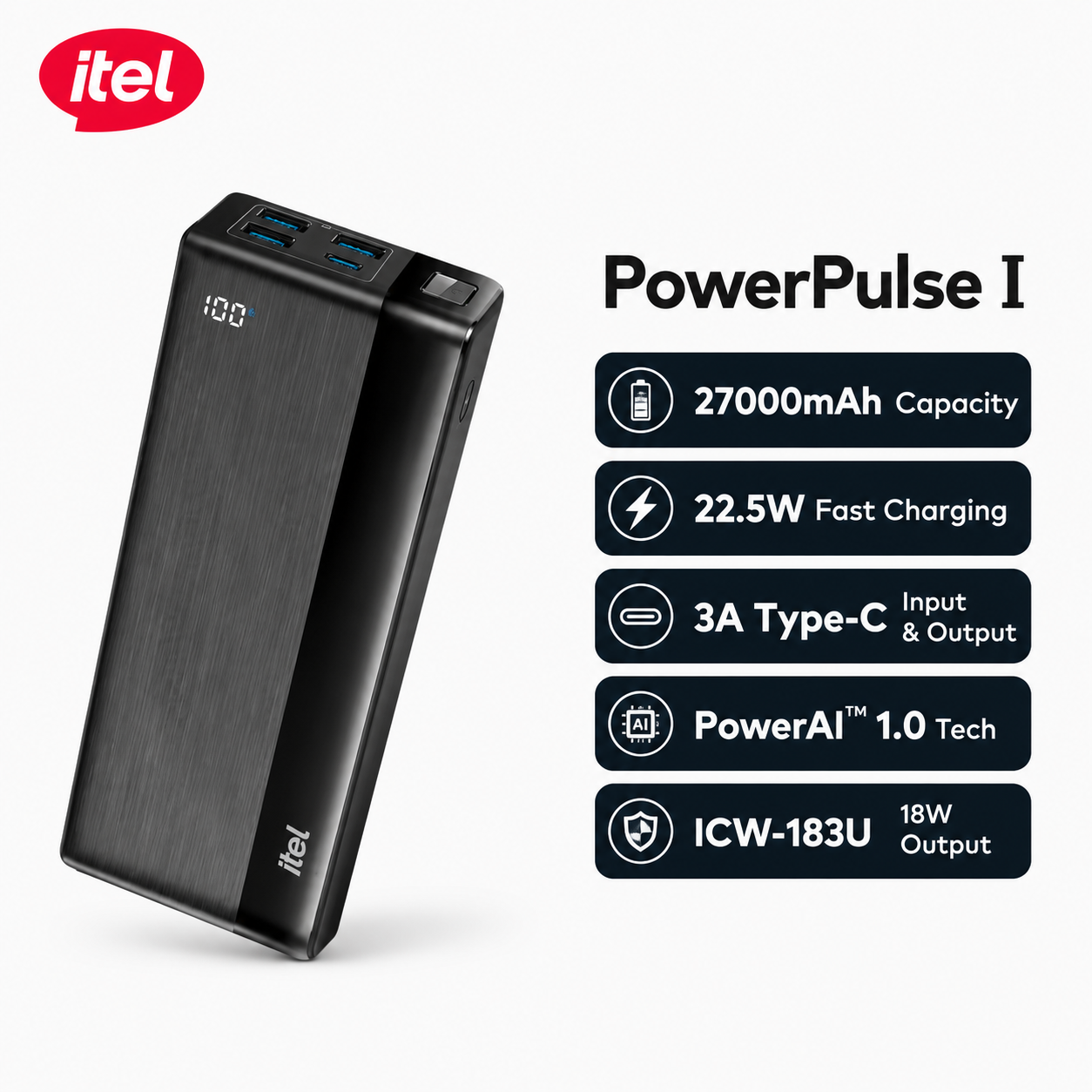 itel Power Bank Pulse A1481 – 27000mAh, 22.5W Fast Charging, Type-C