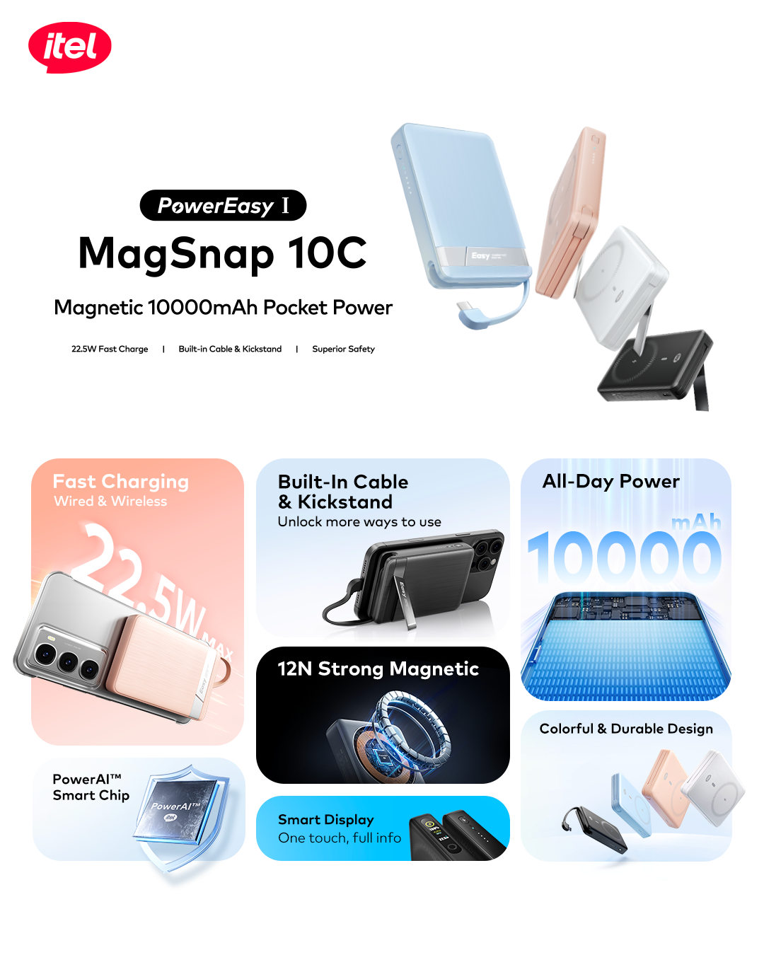 A1820 PowerEasy 1 MagSnap 10C Dual Fast Charger 22.5W + 15W 10000mah 12N Strong Magnetic Hold Built-In Cable & Kickstand Power AI Chip