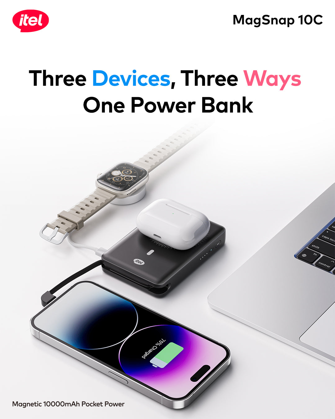 A1820 PowerEasy 1 MagSnap 10C Dual Fast Charger 22.5W + 15W 10000mah 12N Strong Magnetic Hold Built-In Cable & Kickstand Power AI Chip