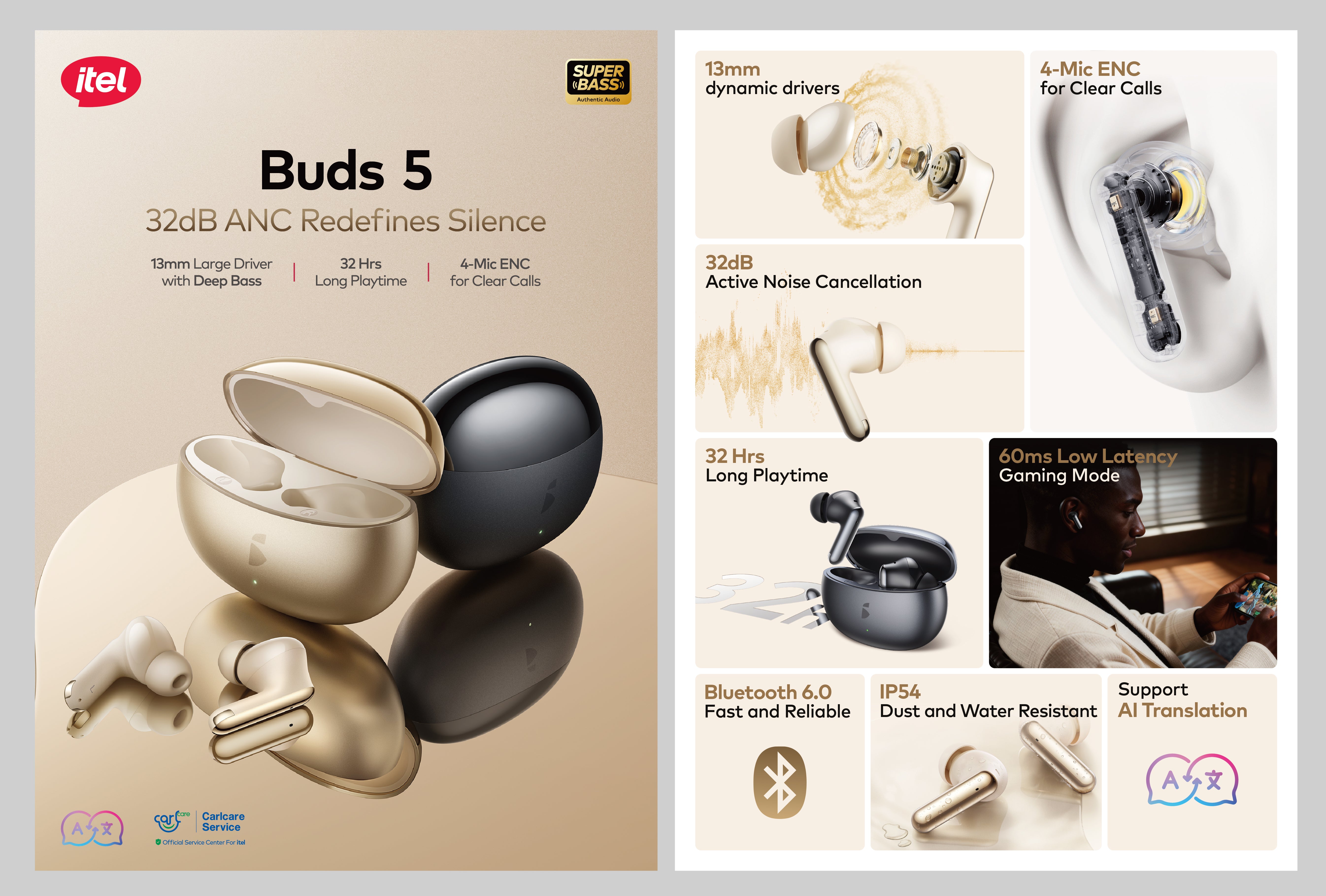 Buds 5 Wireless Earbuds – 32dB ANC, 13mm Deep Bass Driver, 32H Playtime, 4-Mic ENC