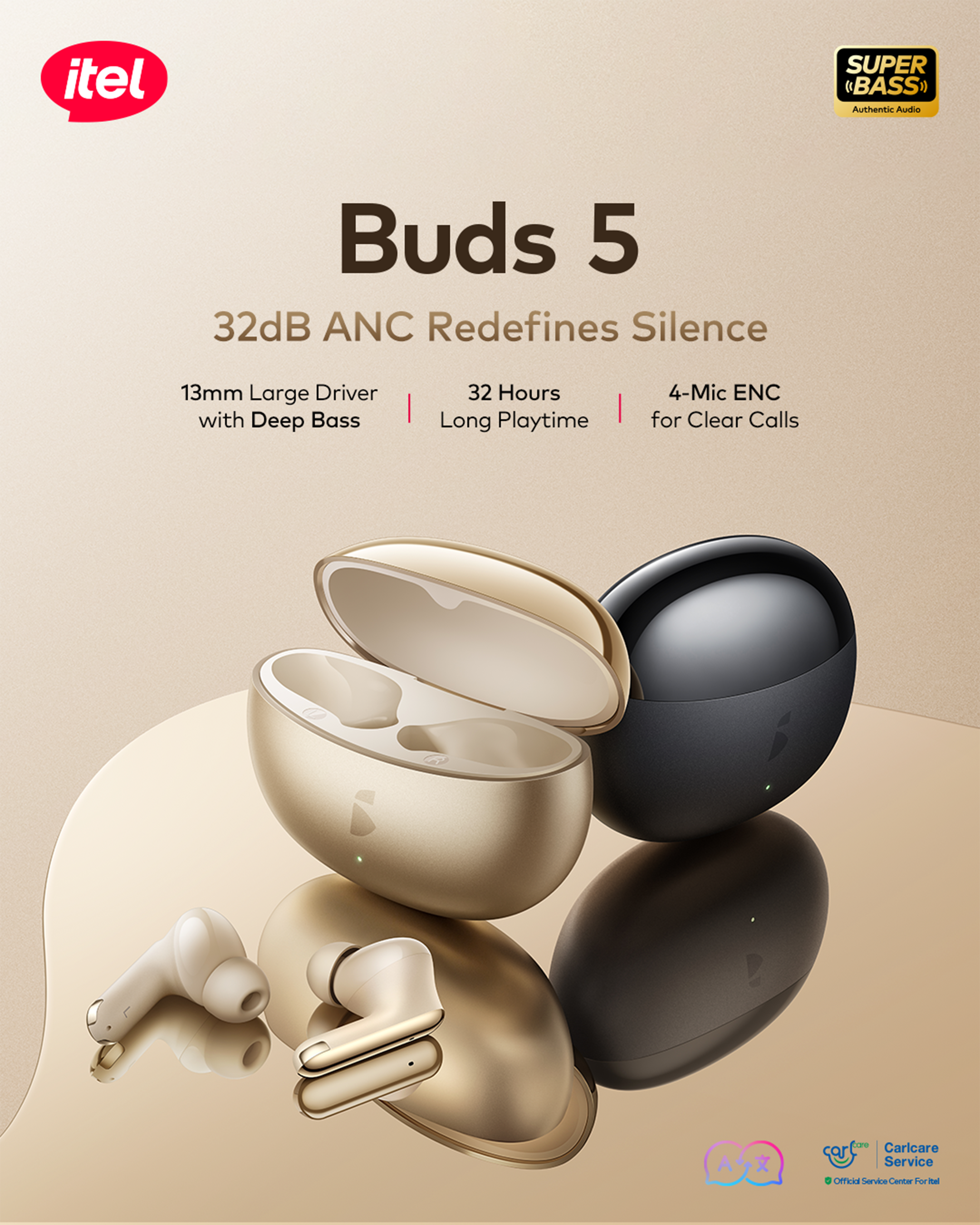 Buds 5 Wireless Earbuds – 32dB ANC, 13mm Deep Bass Driver, 32H Playtime, 4-Mic ENC