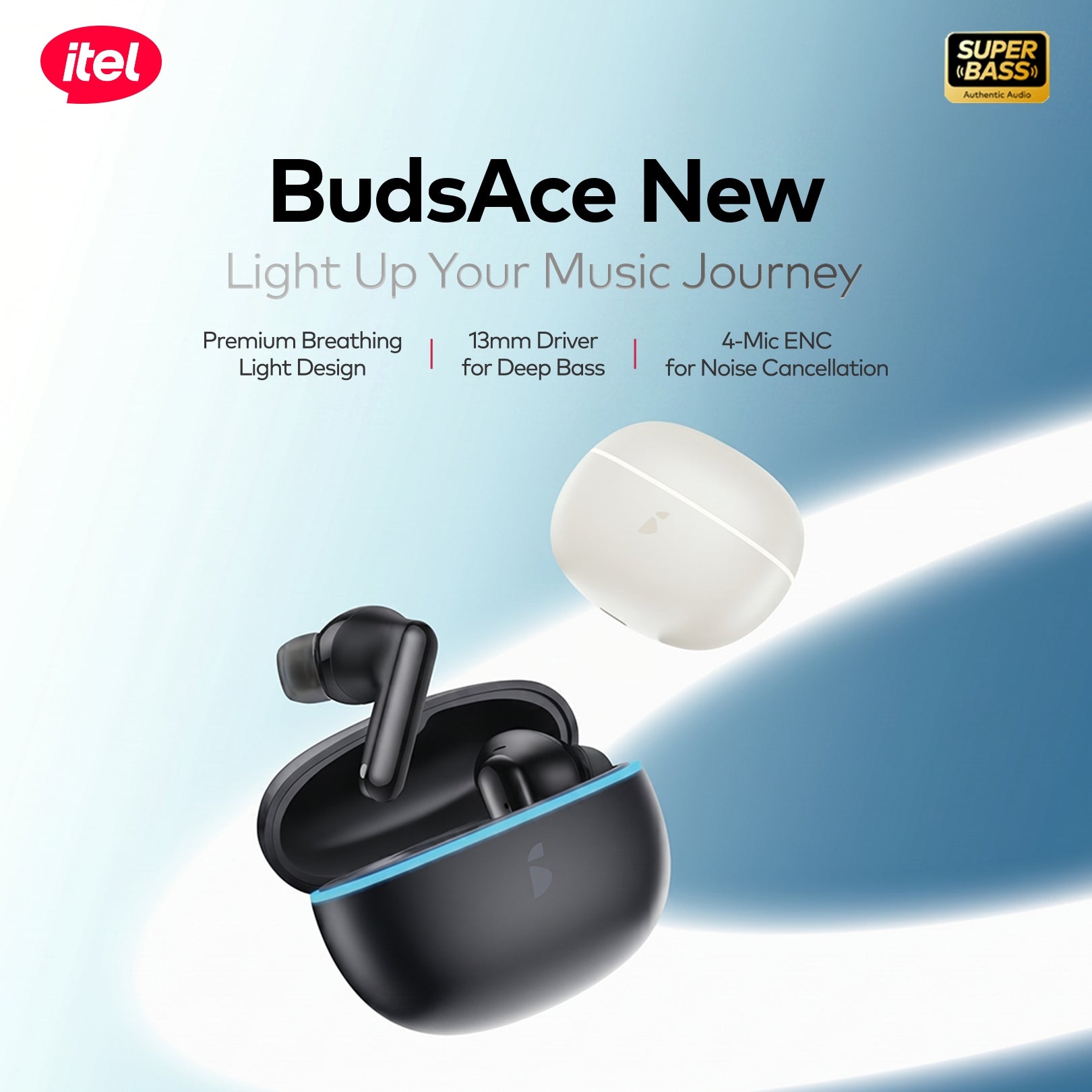 BudsAce Wireless Earbuds – Premium Breathing Light, 13mm Driver, 4-Mic ENC