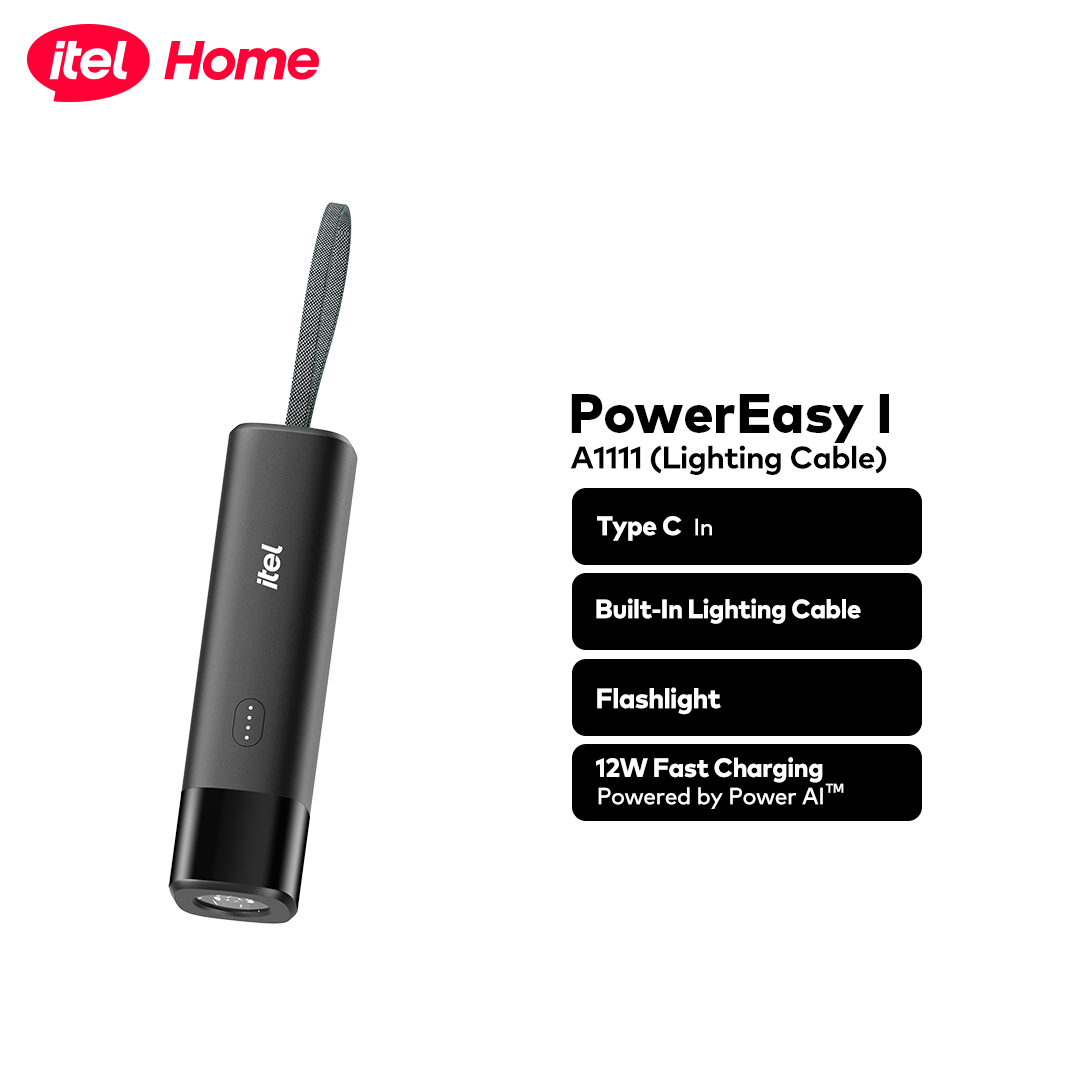 itel PowerEasy1 5000 A1111 Power-Bank 12W Fast Charging Built-in Cable Torch