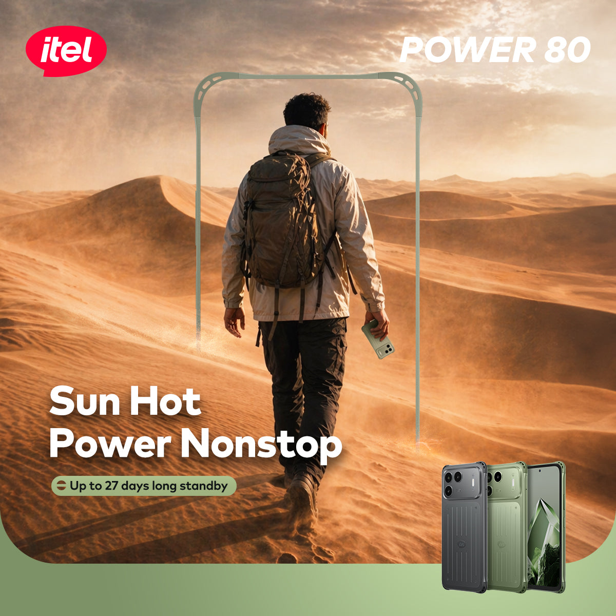 itel Power 80 Smartphone – 7000mAh Long-Life Battery, IP68 & IP69 Waterproof, 2m Military-Grade Protection