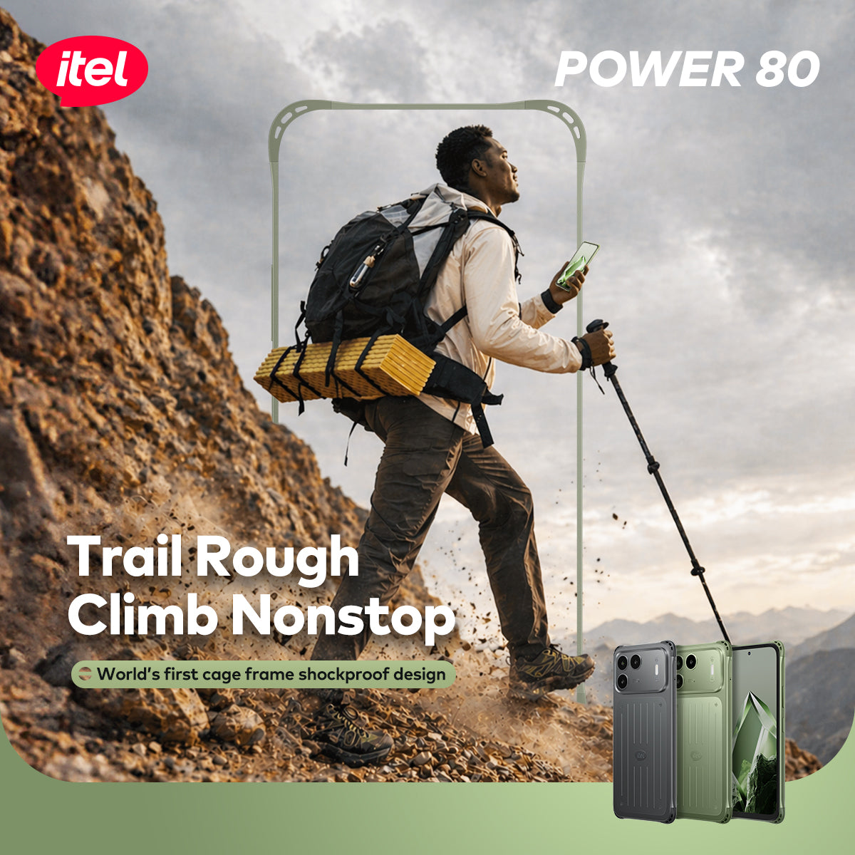 itel Power 80 Smartphone – 7000mAh Long-Life Battery, IP68 & IP69 Waterproof, 2m Military-Grade Protection