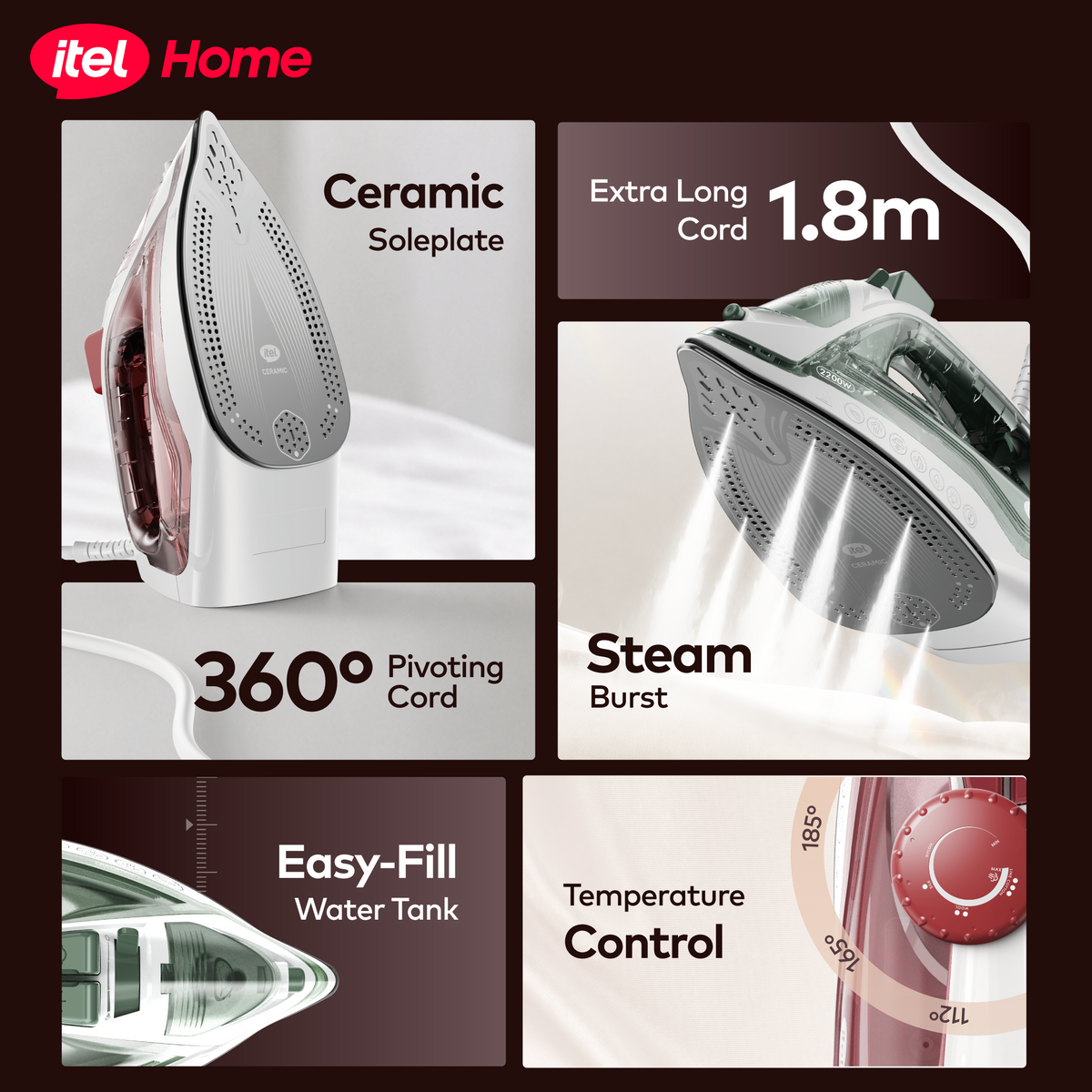 itel EasySteam IEI-03 Steam Iron with Ceramic Soleplate, 1.8m Cord & Steam Burst