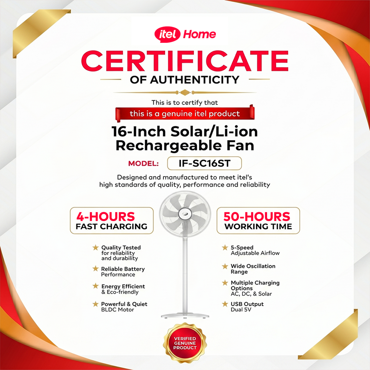 itel 16 Inch Solar Rechargeable Standing Fan-IF-SC16ST