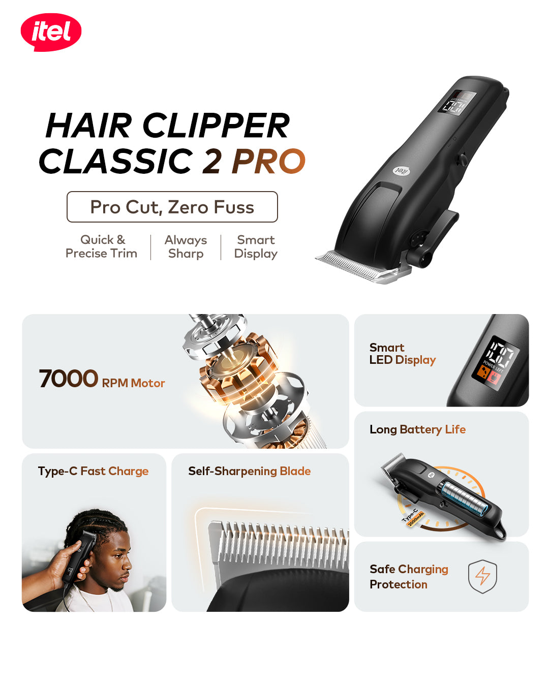 Hair Clipper Classic 2 Pro 7000RPM Smart Led Display 2000mah  Battery Life Type-C IHC-33Pro