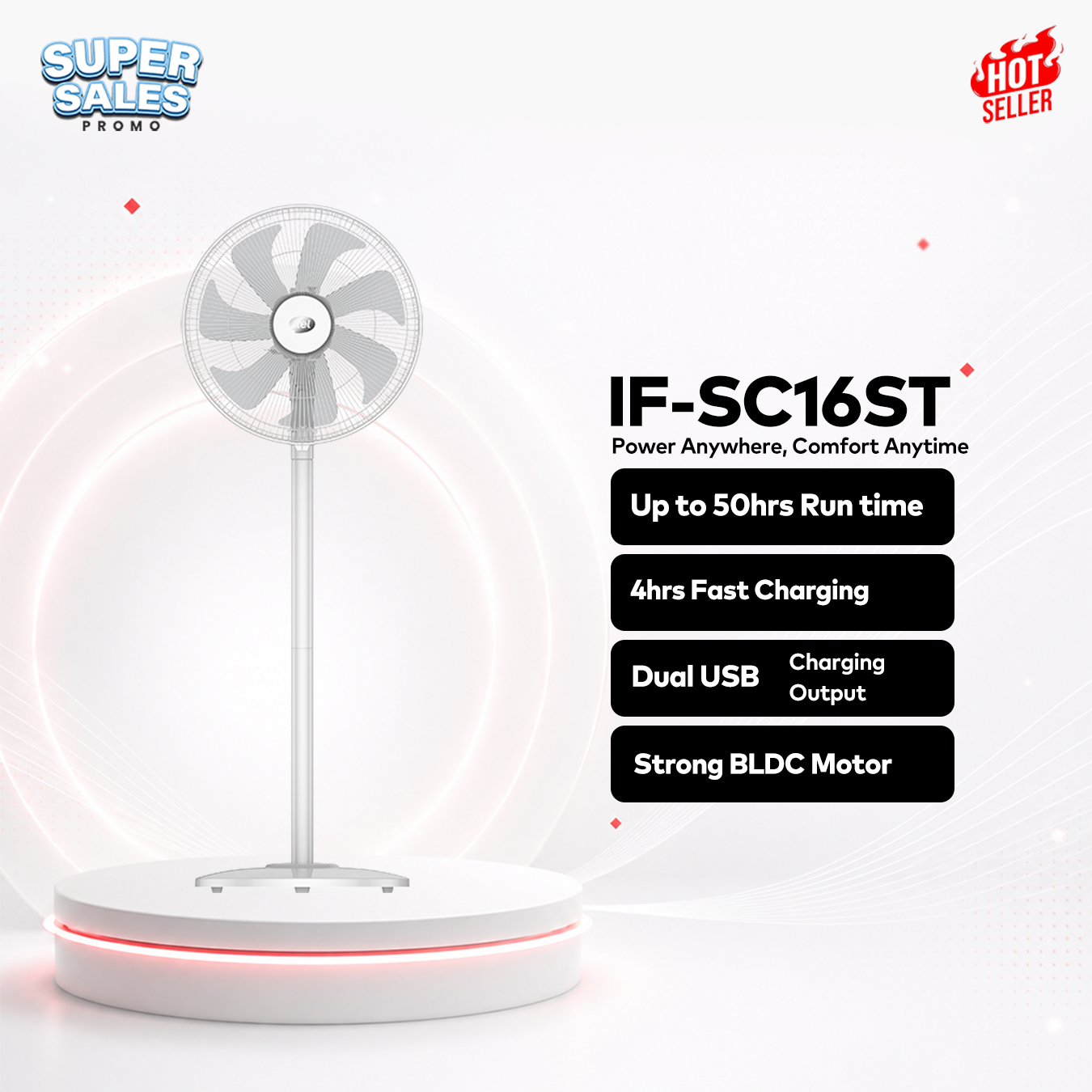 itel 16 Inch Solar Rechargeable Standing Fan-IF-SC16ST