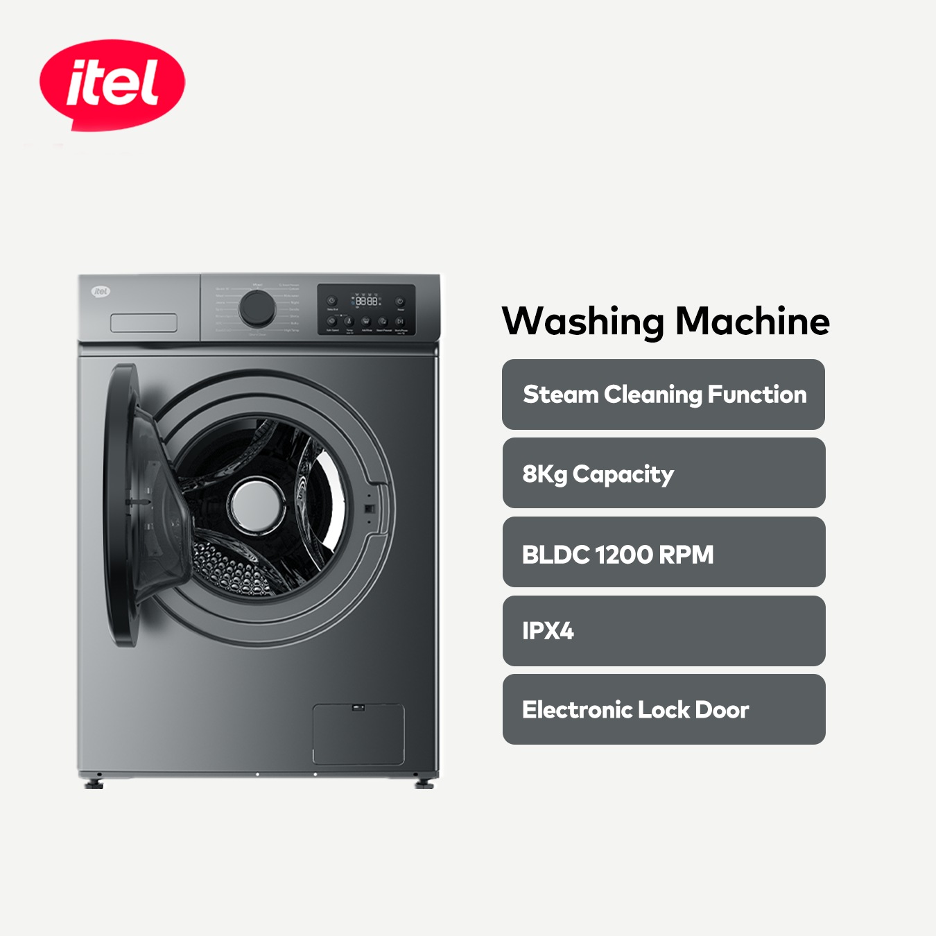 itel 8KG Front Load Washing Machine – Steam Wash, BLDC 1200RPM, Energy Class A