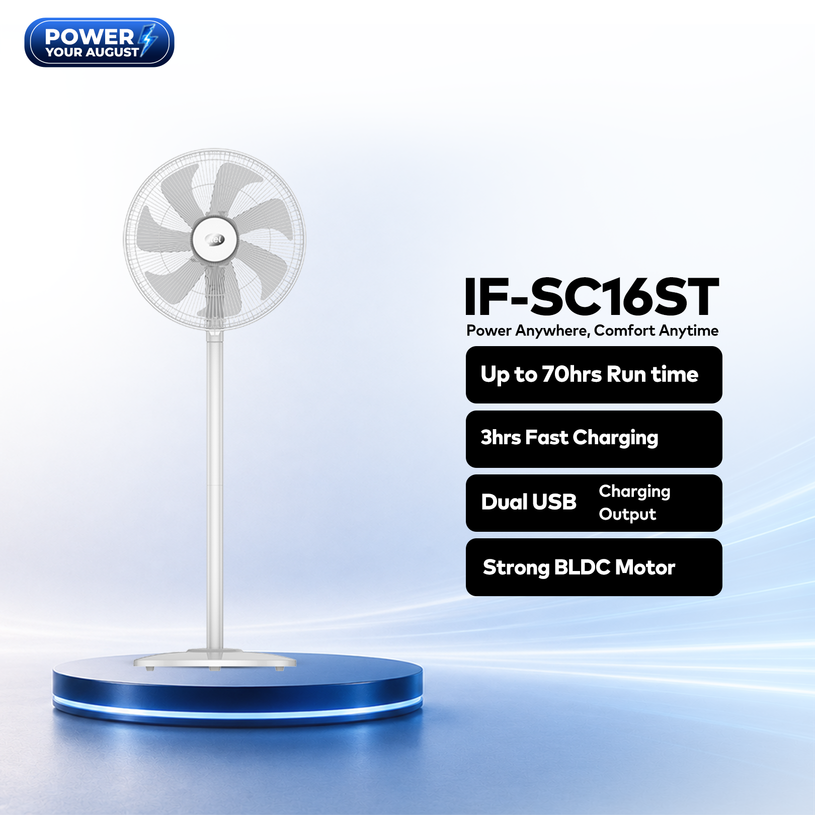 itel 16 Inch Solar Rechargeable Standing Fan-IF-SC16ST | Power Your August