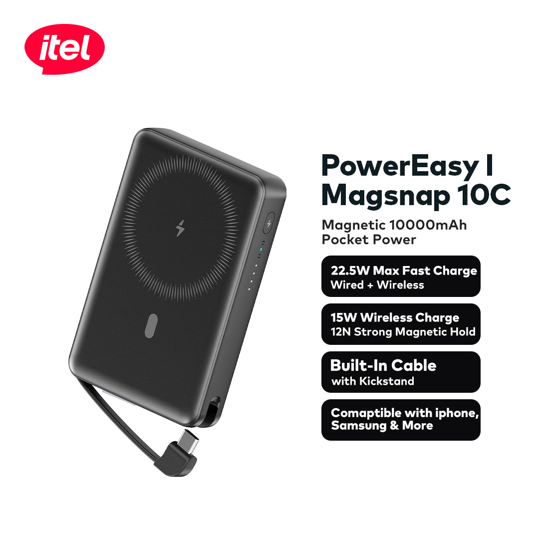 A1820 PowerEasy 1 MagSnap 10C Dual Fast Charger 22.5W + 15W 10000mah 12N Strong Magnetic Hold Built-In Cable & Kickstand Power AI Chip