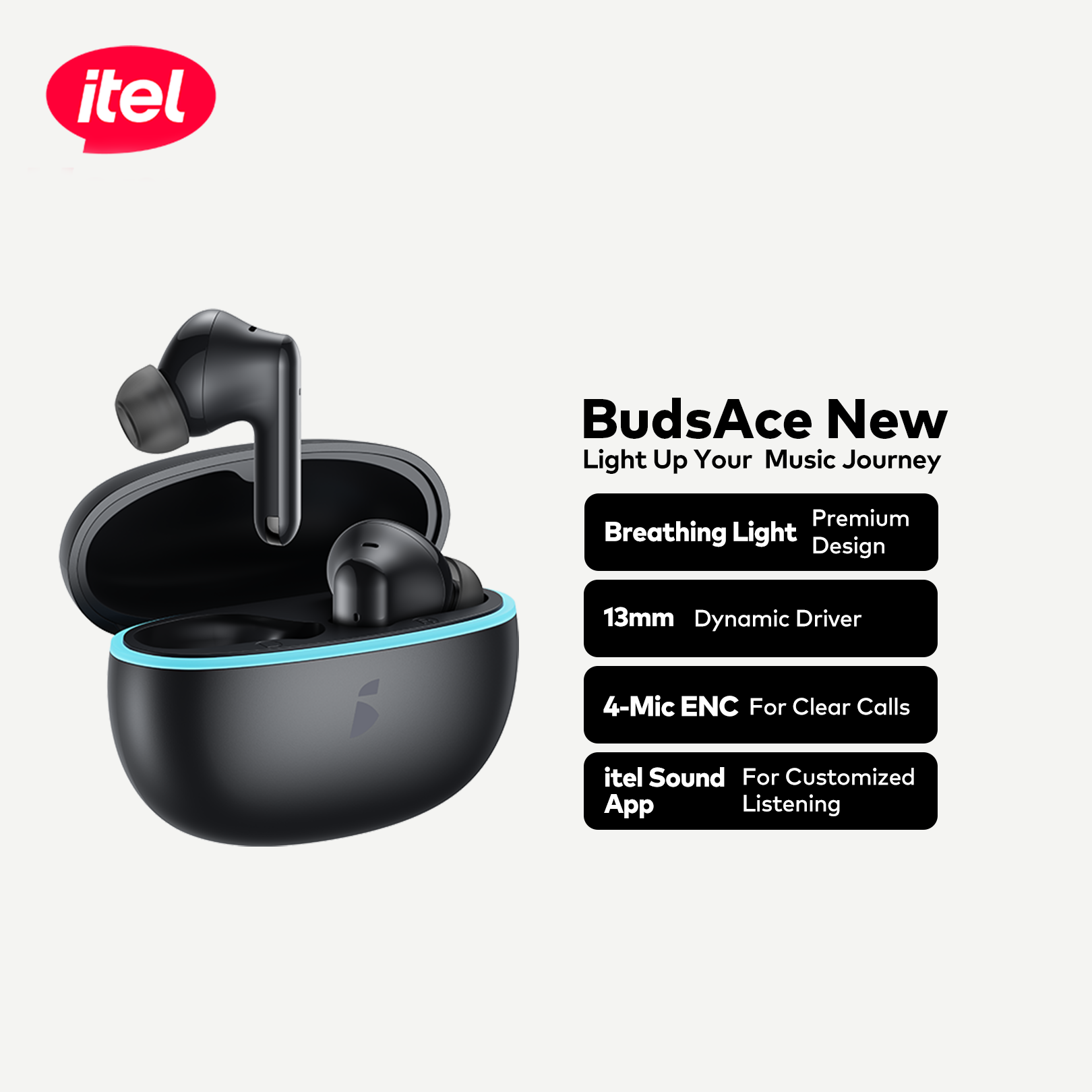 BudsAce Wireless Earbuds – Premium Breathing Light, 13mm Driver, 4-Mic ENC