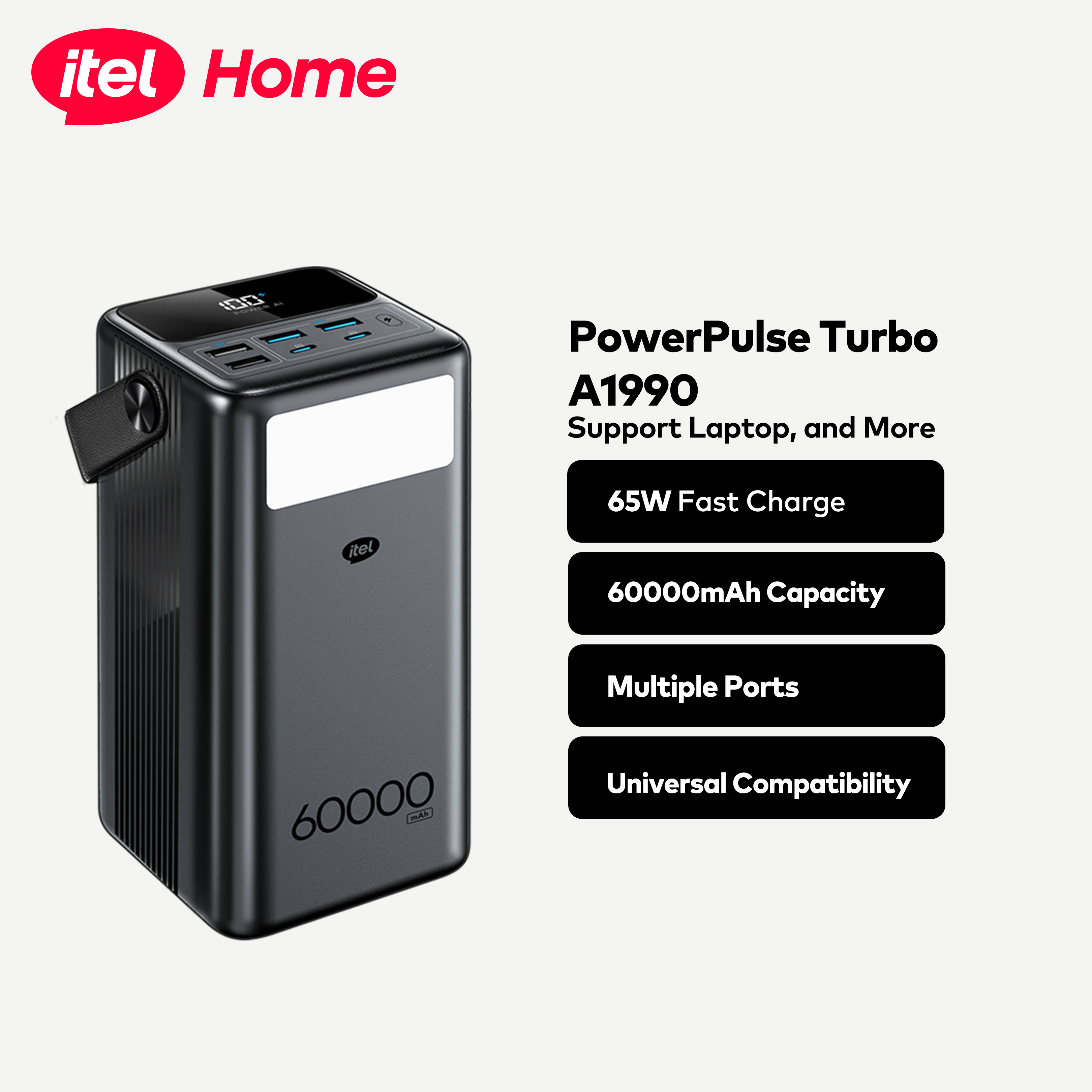 itel PowerPulse Turbo A1990 60000mAh 65W Fast Charging Power Bank for Laptop & Phones