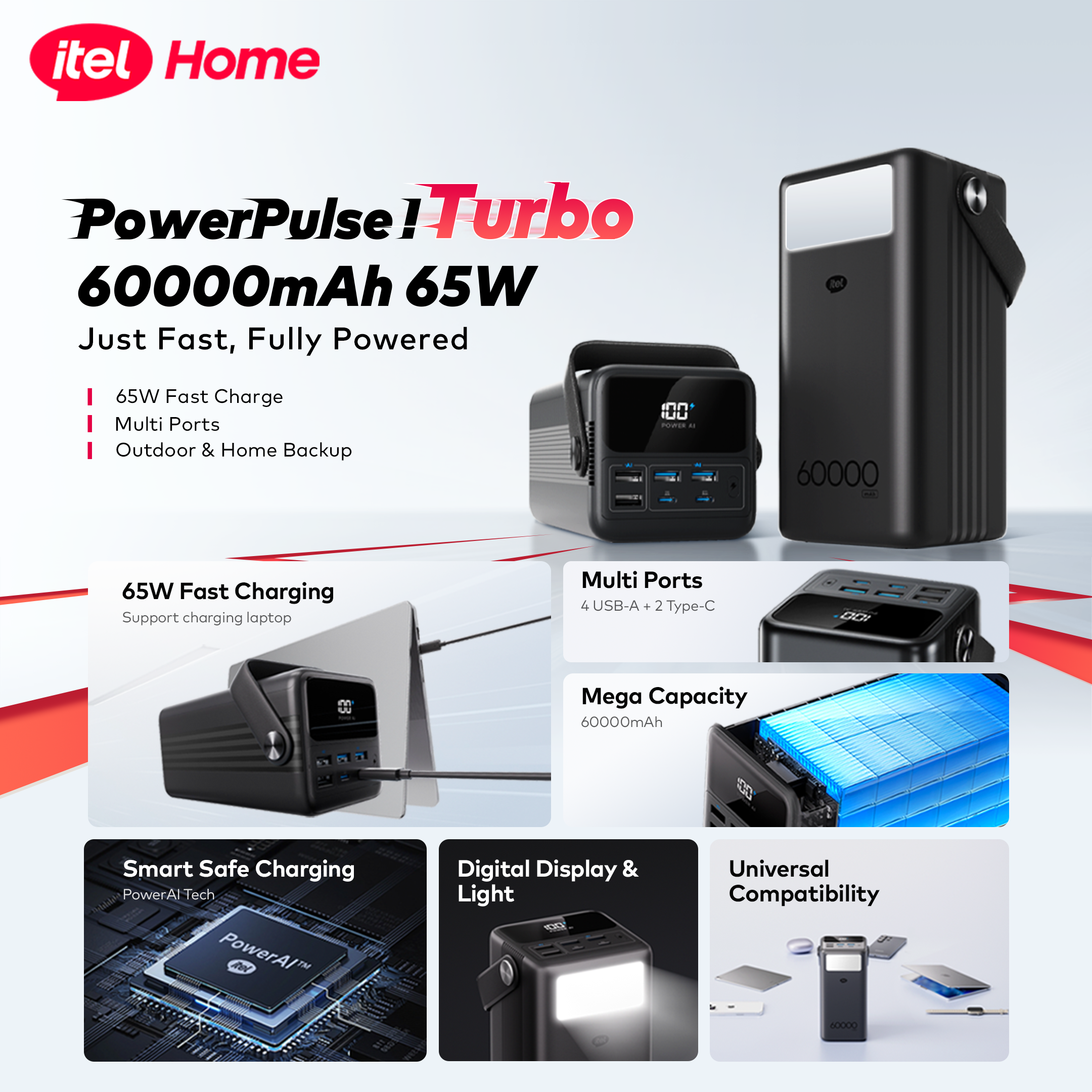 itel PowerPulse Turbo A1990 60000mAh 65W Fast Charging Power Bank for Laptop & Phones