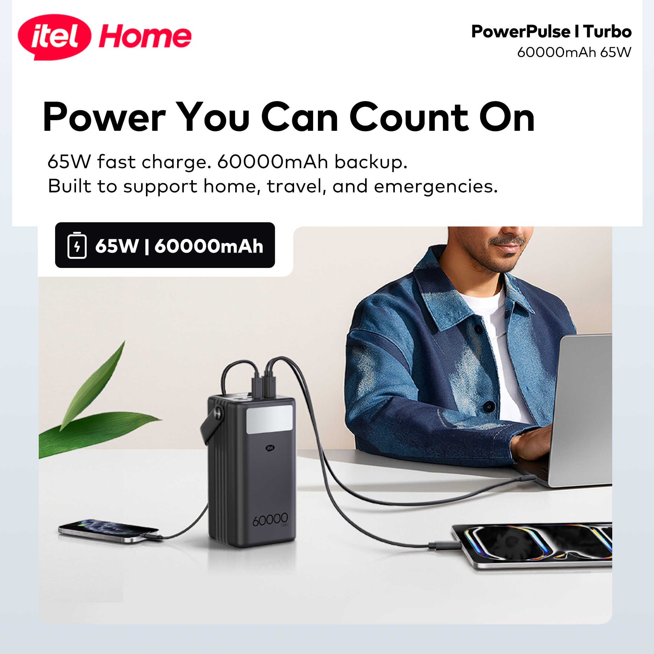 itel PowerPulse Turbo A1990 60000mAh 65W Fast Charging Power Bank for Laptop & Phones