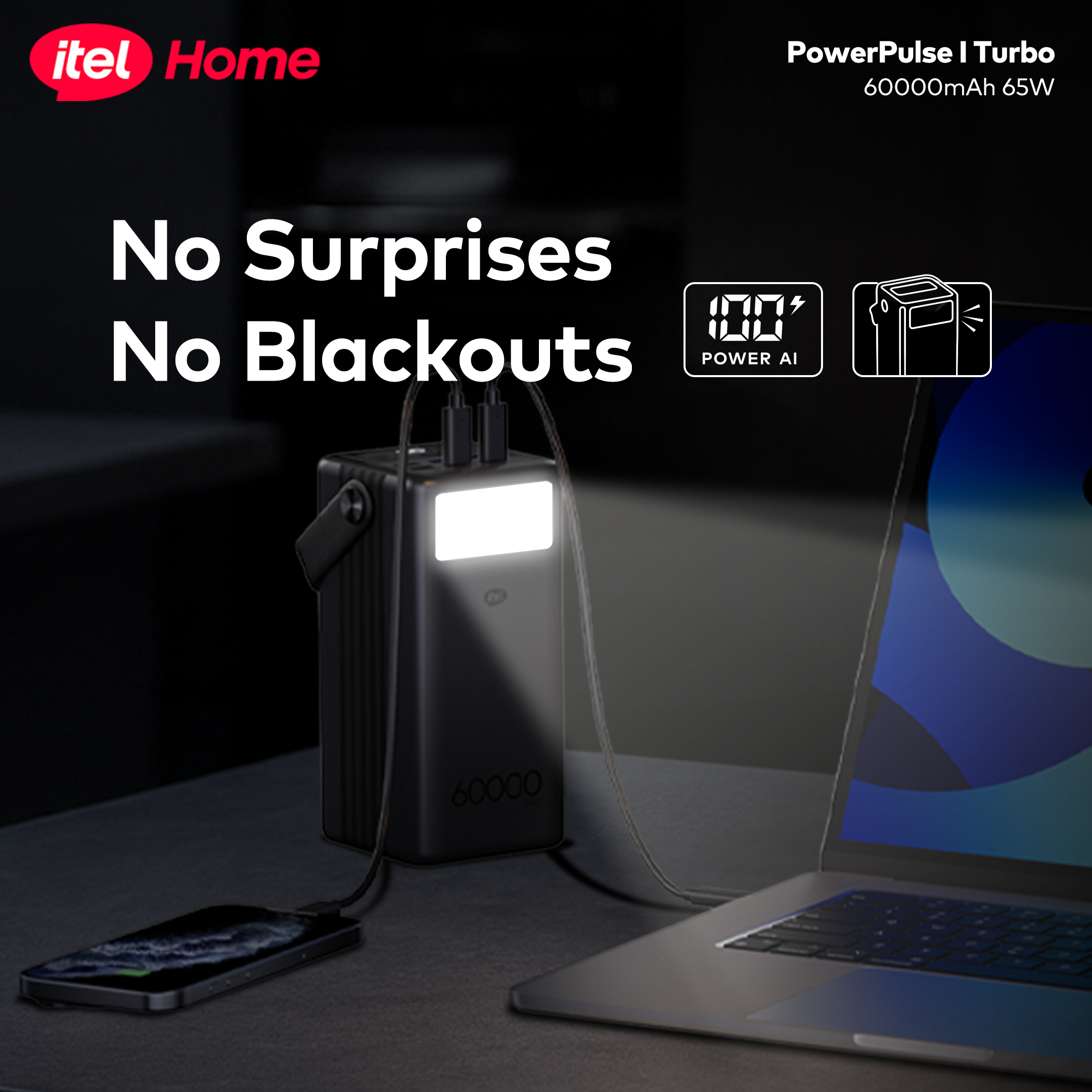 itel PowerPulse Turbo A1990 60000mAh 65W Fast Charging Power Bank for Laptop & Phones
