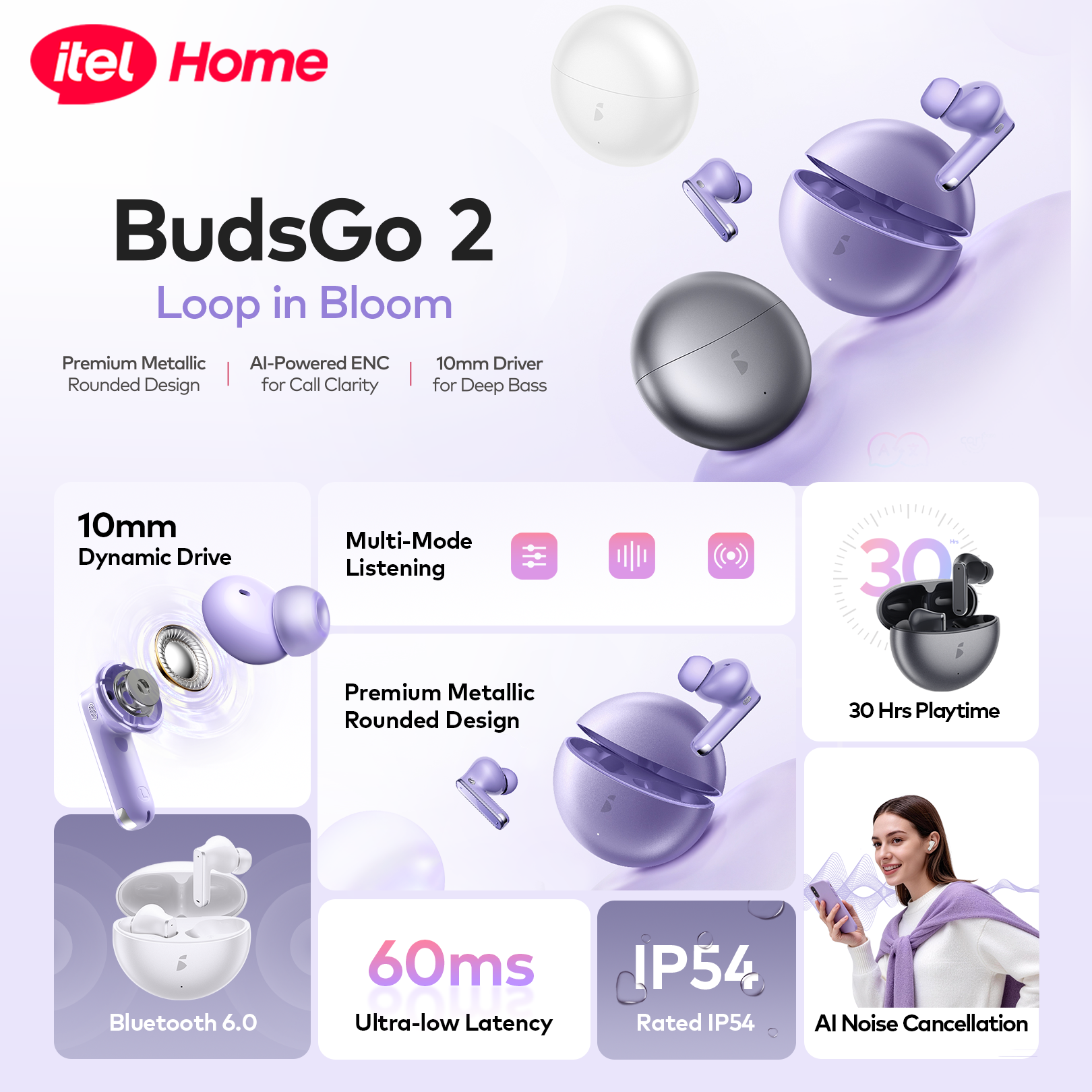 itel BudsGo 2 Wireless Earbuds - AI ENC, 30H Playtime & Deep Bass