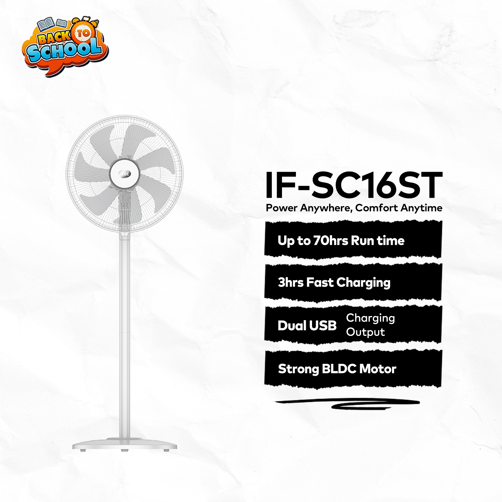 itel 16 Inch Solar Rechargeable Standing Fan-IF-SC16ST | Back to School