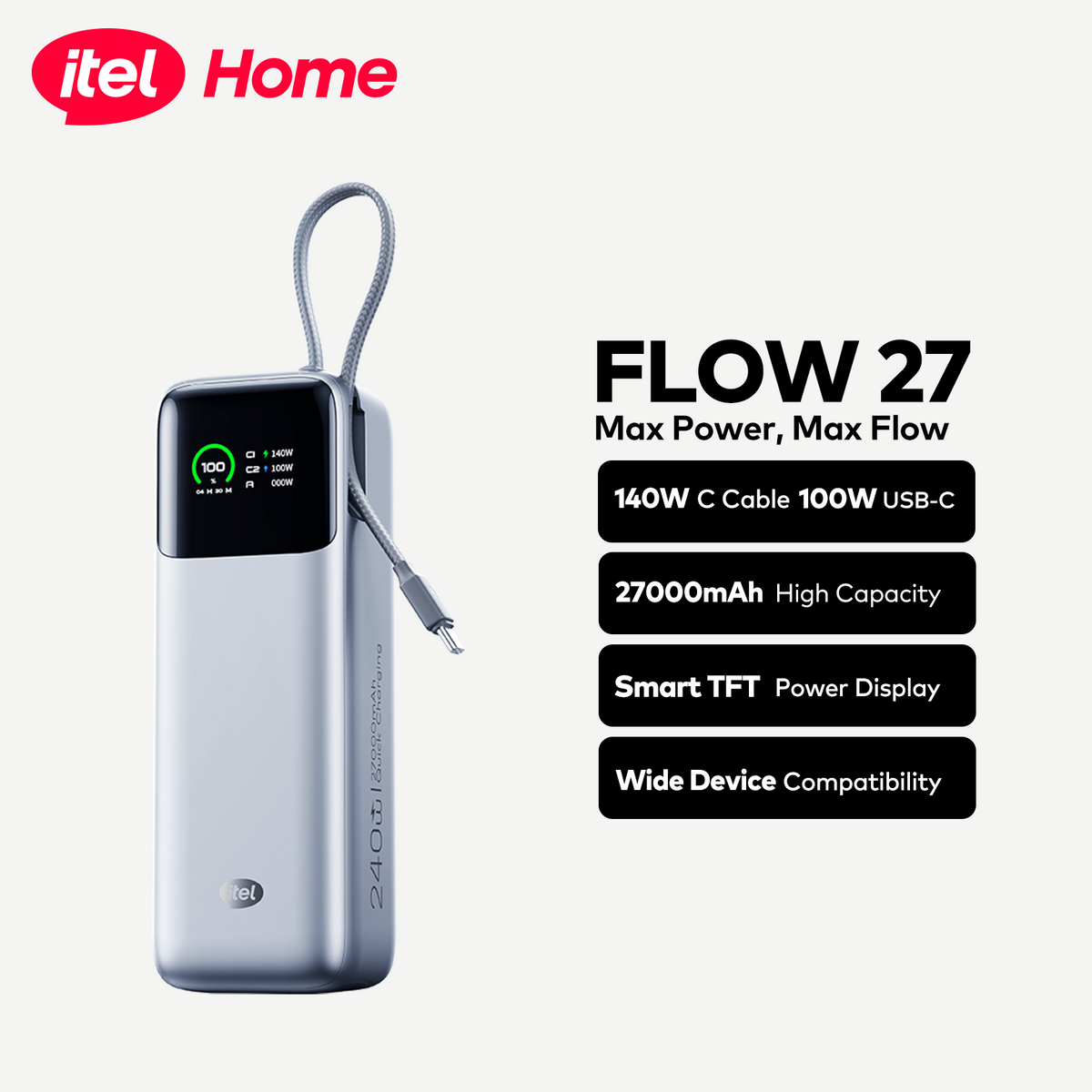 itel FLOW 27 27000mAh 240W Fast Charging Power Bank for Laptops & Phones