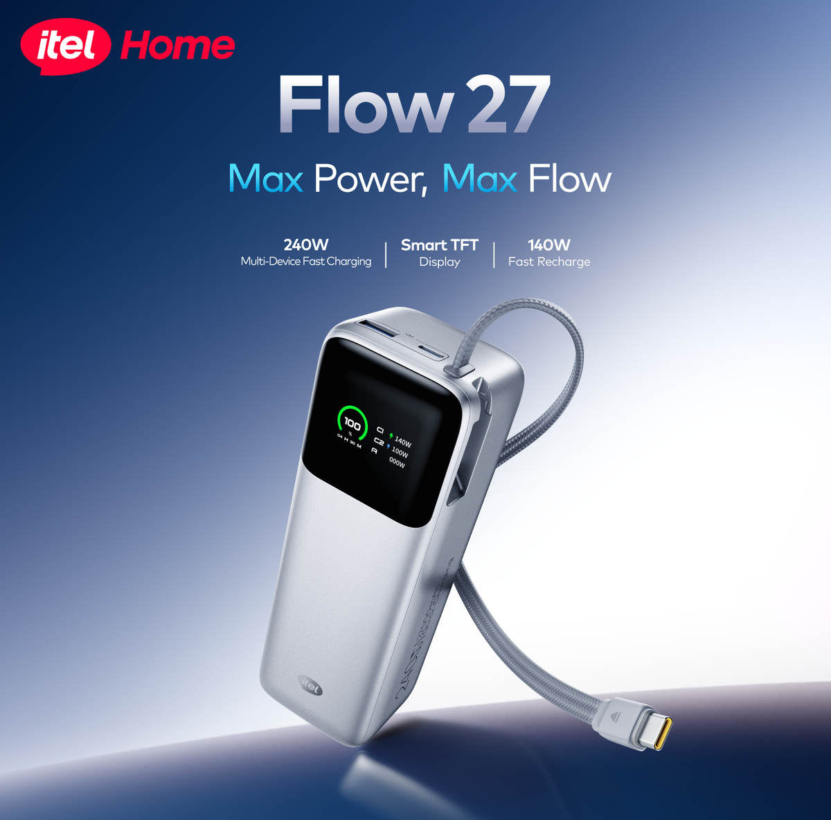 itel FLOW 27 27000mAh 240W Fast Charging Power Bank for Laptops & Phones