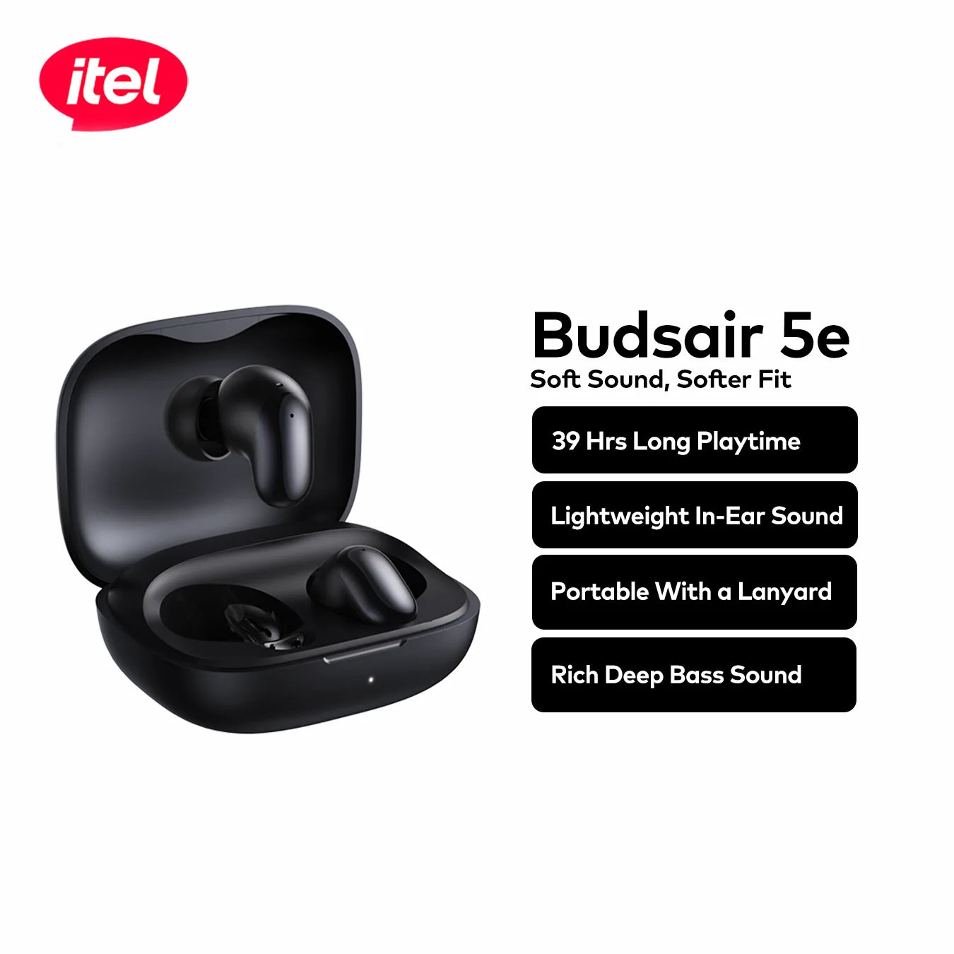 itel BudsAir 5e wireless earbuds with charging case – black