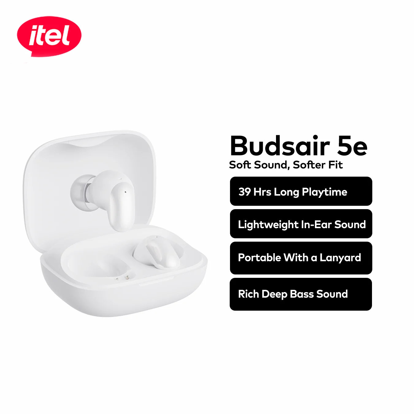 itel BudsAir 5e wireless earbuds with charging case – White