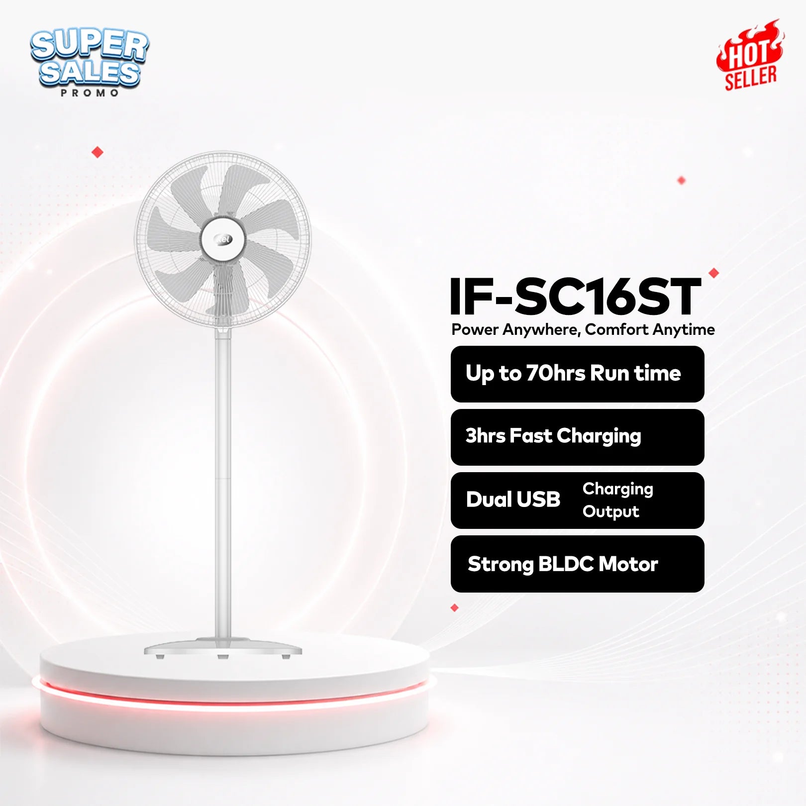 itel 16 Inch Solar Rechargeable Standing Fan-IF-SC16ST