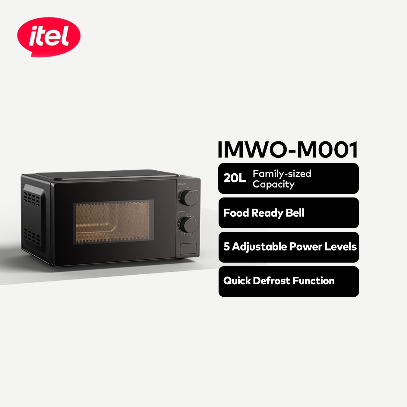 itel 20L Microwave Oven (IMWO-M001) – 5 Power Levels, Defrost Function & 35-Min Timer