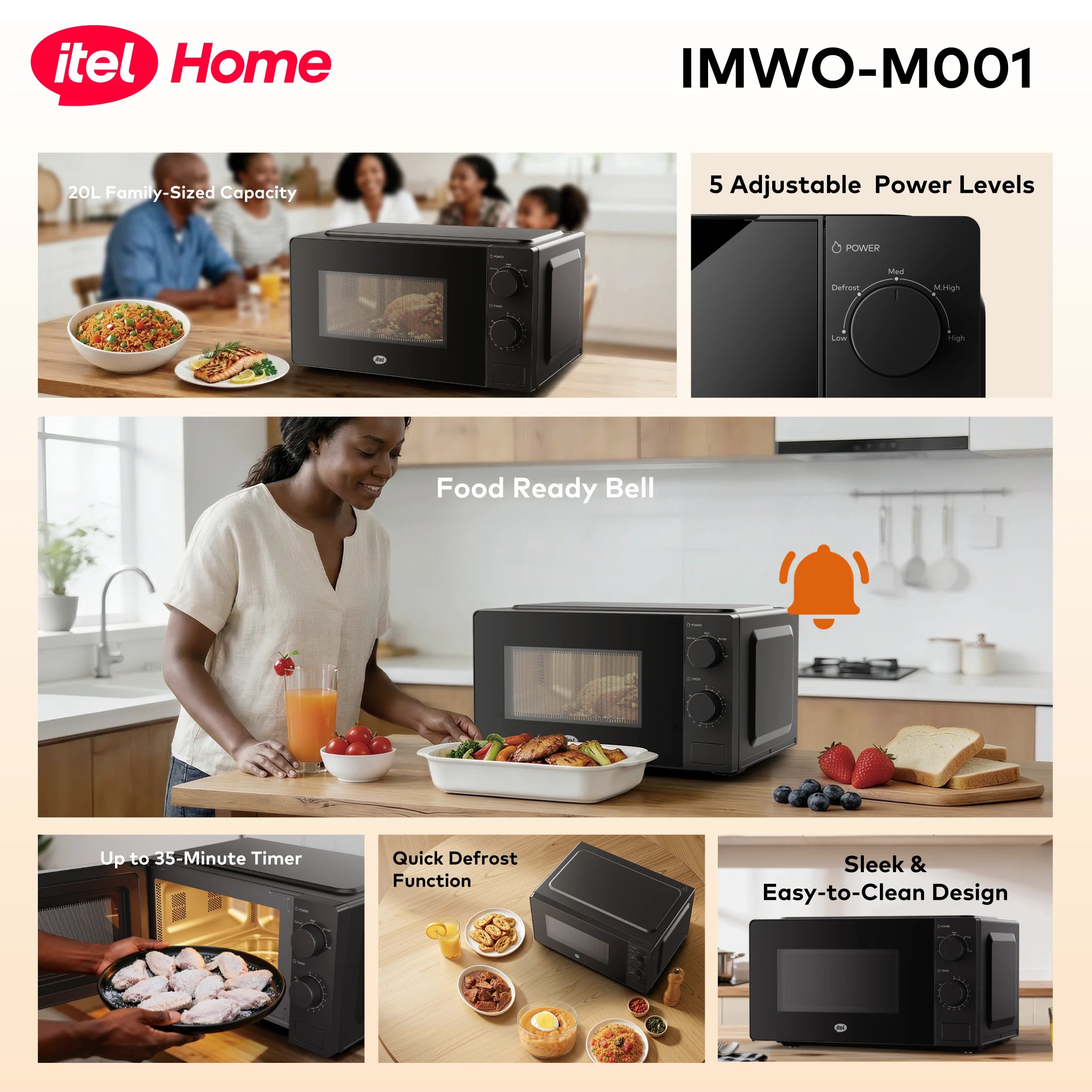itel 20L Microwave Oven IMWO-M001 5 Power Levels Defrost Function 35 Min Timer 6