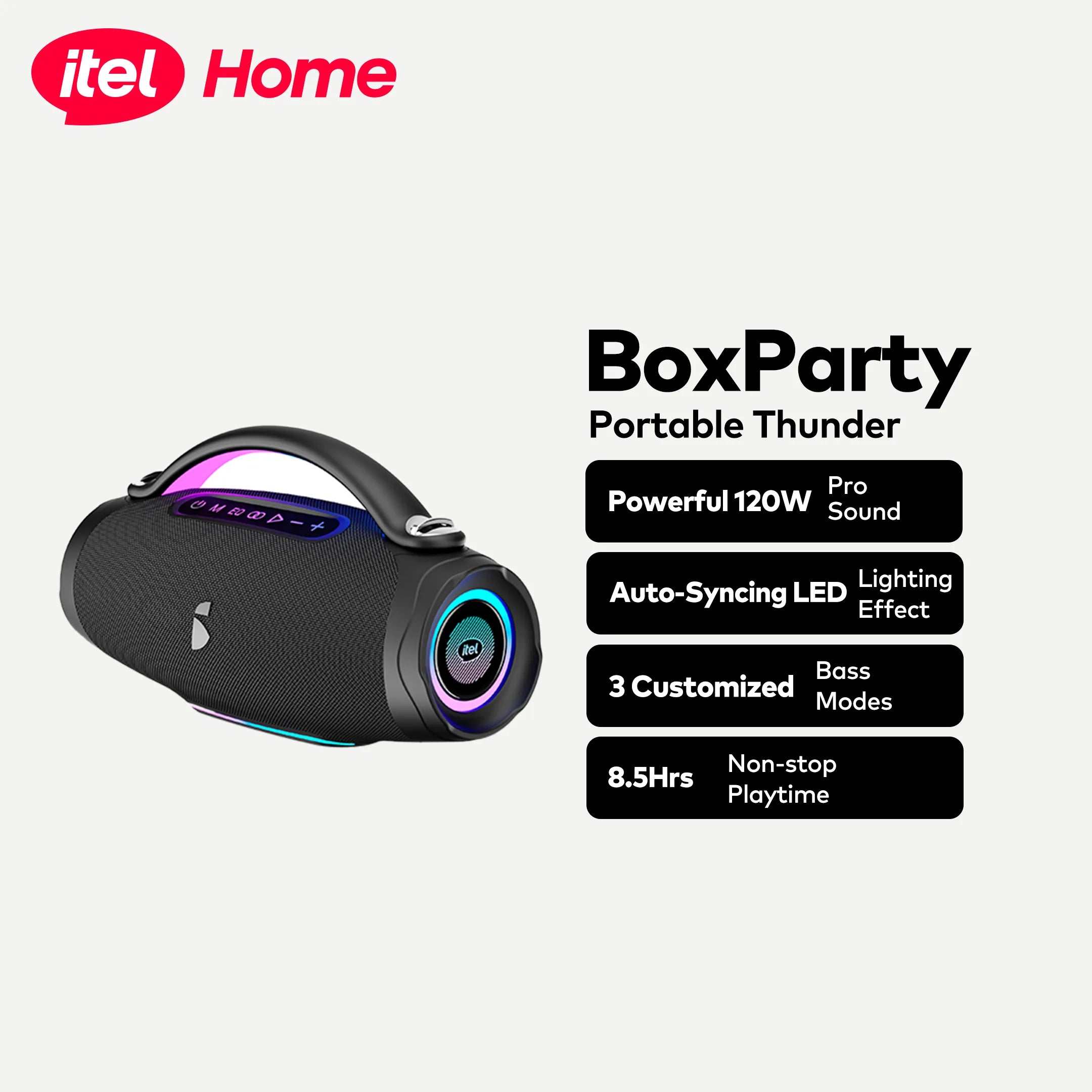itel BoxParty 120W portable Bluetooth party speaker with LED lighting