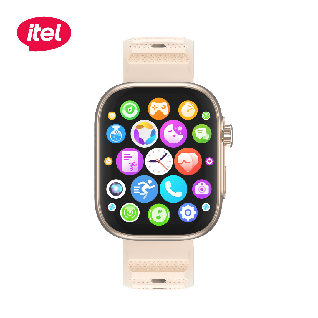 A digital smartwatch with a beige band and a gold-colored case, featuring a HD screen displaying various app icons.